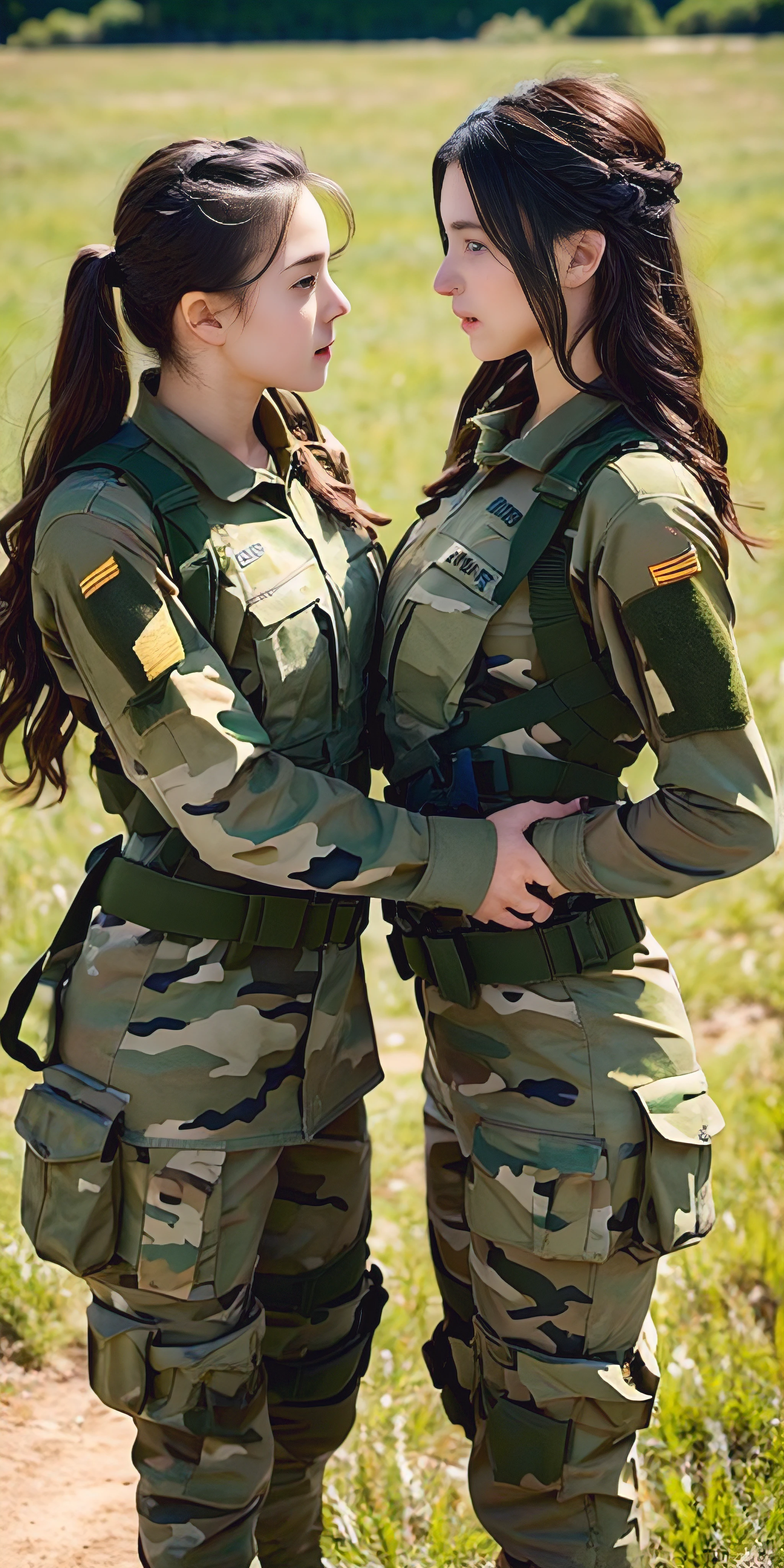 two beautiful girls who are soldiers. They are in their camouflage uniforms and in their combat gear. They are out in the field training and during break they embrace to French kiss