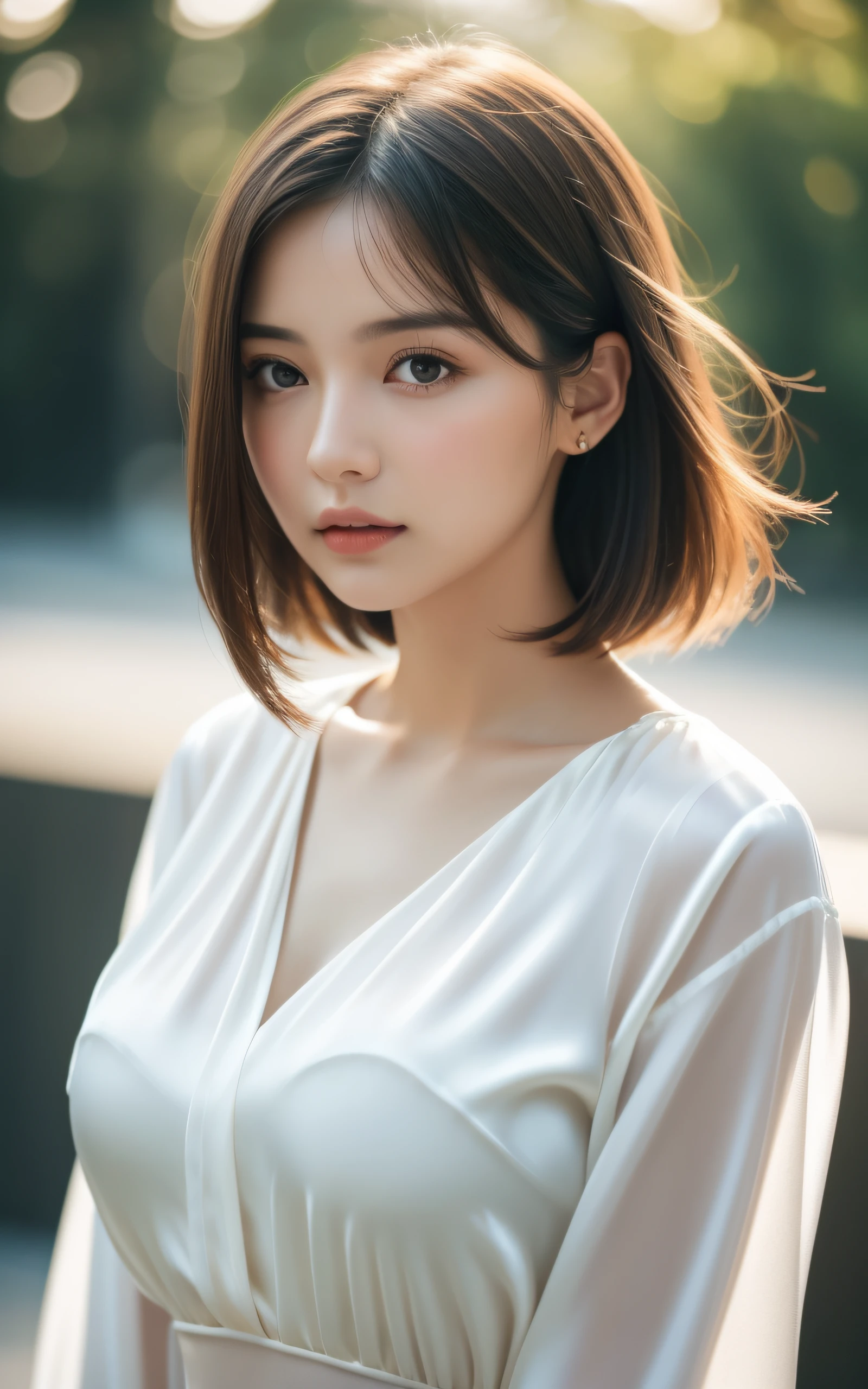 masterpiece, Best Quality, 8K, 20 yo, (Large breast:1.2), cuddly, Solo, sad, close up, Cute, Girly, Delicate girl, Neat and clean beauty, Raw photo, Professional Photography, Portrait, Soft light, Professional Lighting, Back lighting, Upper body, Looking away, Sophisticated, Film grain, (Eyes and faces with detailed:1.0), short length floating hair , beautiful flowing hair, silk blouse,