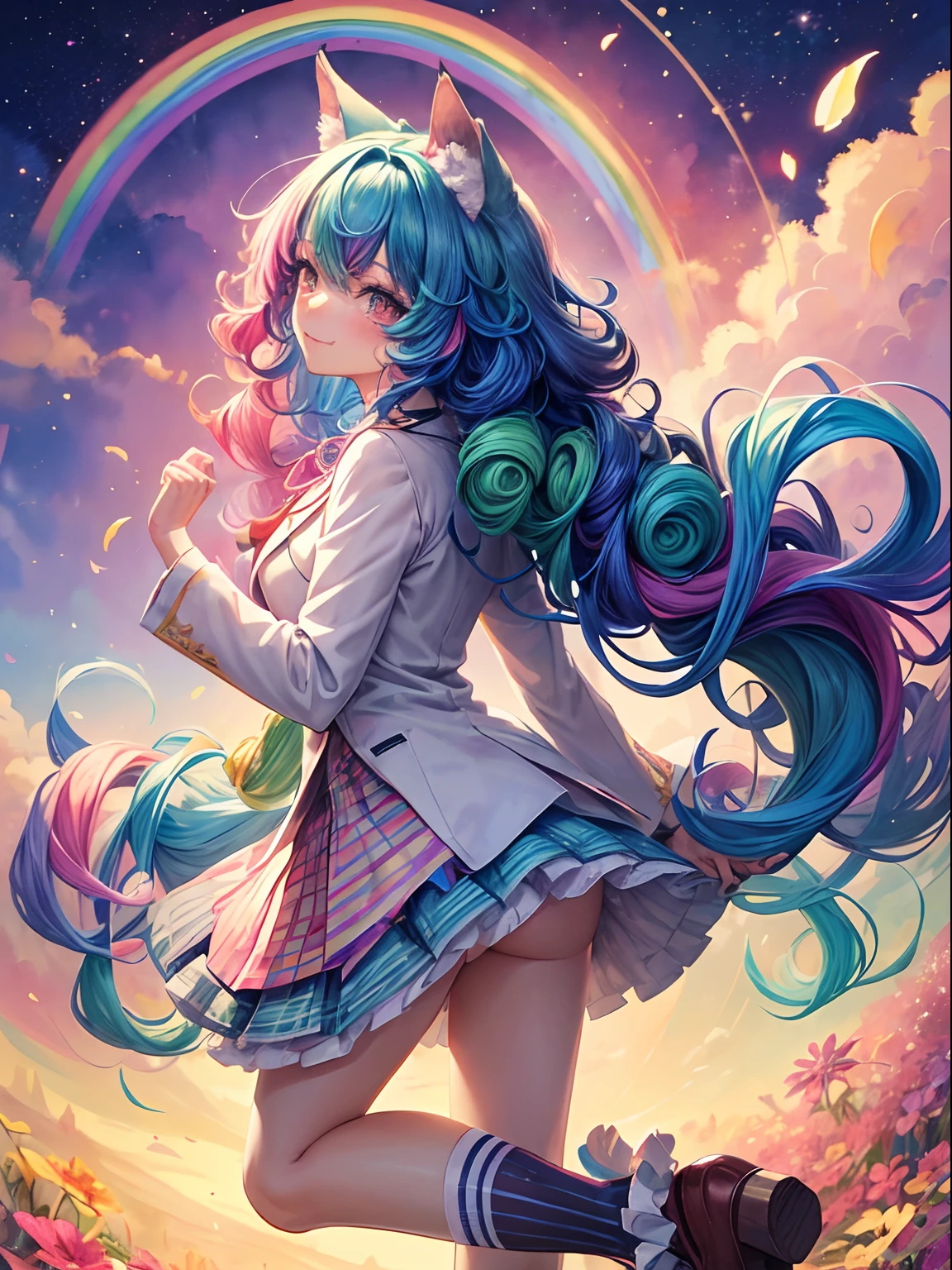 Beautiful girl with colorful hair，Wolf ears, It's Yandere，A smile，​masterpiece，超A high resolution，Ribbon on uniform，Cute Blazer，Beautiful Beautiful Girl，Perfect Beautiful Girl，Excellent style，Loose socks，(​masterpiece、top-quality、top-quality、watercolor paiting(Curly)、Official art、Beautifully Aesthetic:1.2)、(２girl with:1.3)、(Fractal Art:1.3)、The upper part of the body、From Side、looking at the viewers、patterns、(rainbow-colored hair、colourful hair、Half blue and half pink hair:1.2)、Eau、gases、云、colourfull、Soap bubbles、Deep kissing