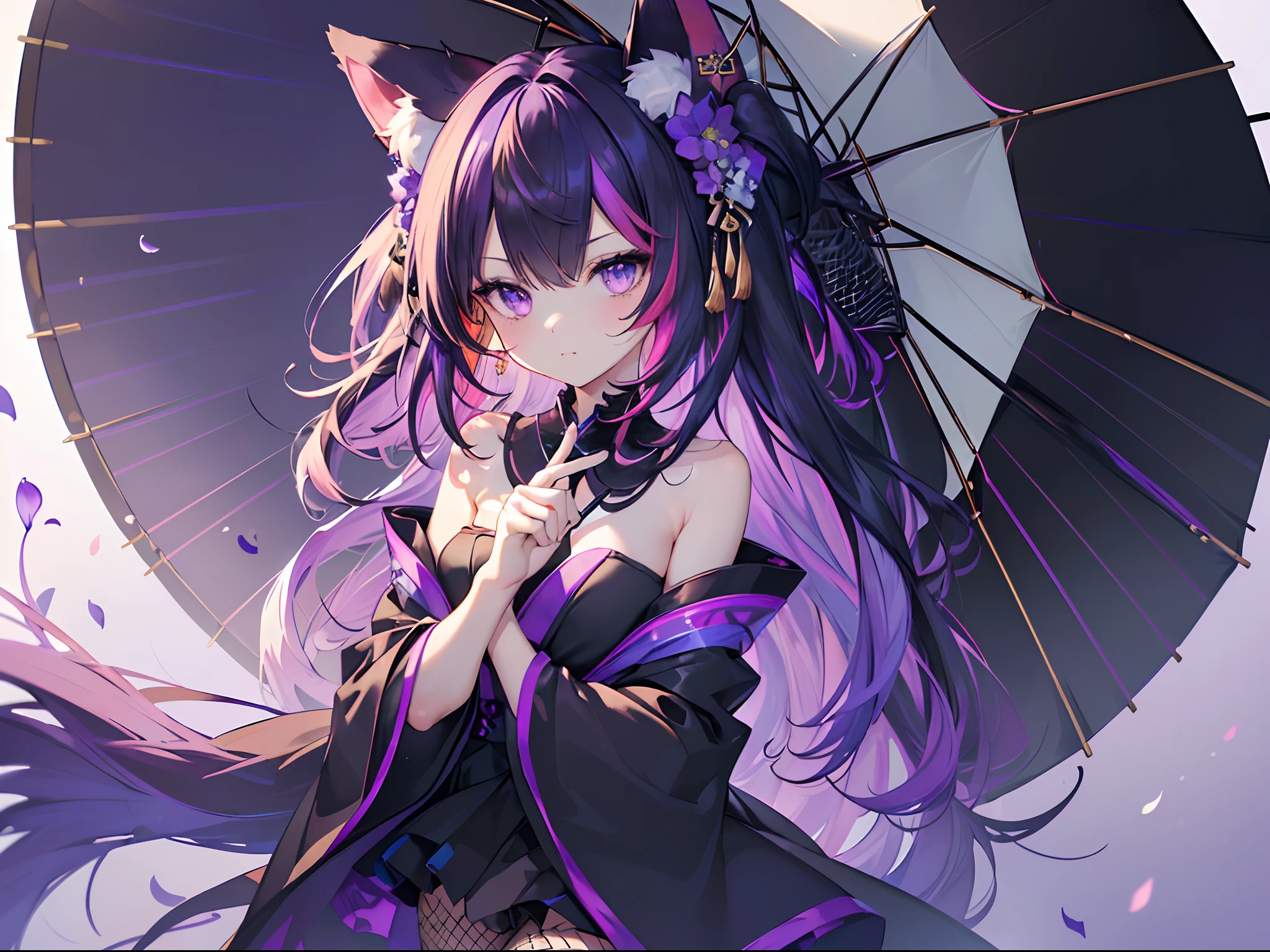 masterpiece, best quality, super fine illustration, perfect anatomy, perfect eyes, correct anatomy, perfect proportion, perfect face, perfect hands, perfect legs, perfect fingers, perfect hands, professional lighting, best quality, ultra detailed, extremely delicate and beautiful, 4k, 8k,,1girl, fox girl, (((multicolored hair:1.2)(white 1.2)(purple 1.2), fox ears, long Hime hair, fox tail, black kimono with flowers ,umbrella, fishnet, SHY expression, perfect skull ribbon, lavender eyes, close up ,fit to frame, solid green background, masterpiece, best quality, super fine illustration, perfect anatomy, perfect eyes, correct anatomy, perfect proportion, perfect face, perfect hands, perfect legs, perfect fingers, perfect hands, professional lighting, best quality, ultra detailed, extremely delicate and beautiful, 4k, 8k,,1girl, cyber fox ears, cyber fox tail, cute face, gothic cross ear rings, black dress, purple hair and black hair, layered hair, black skirt, fishnet stockings, lavender eyes, green background