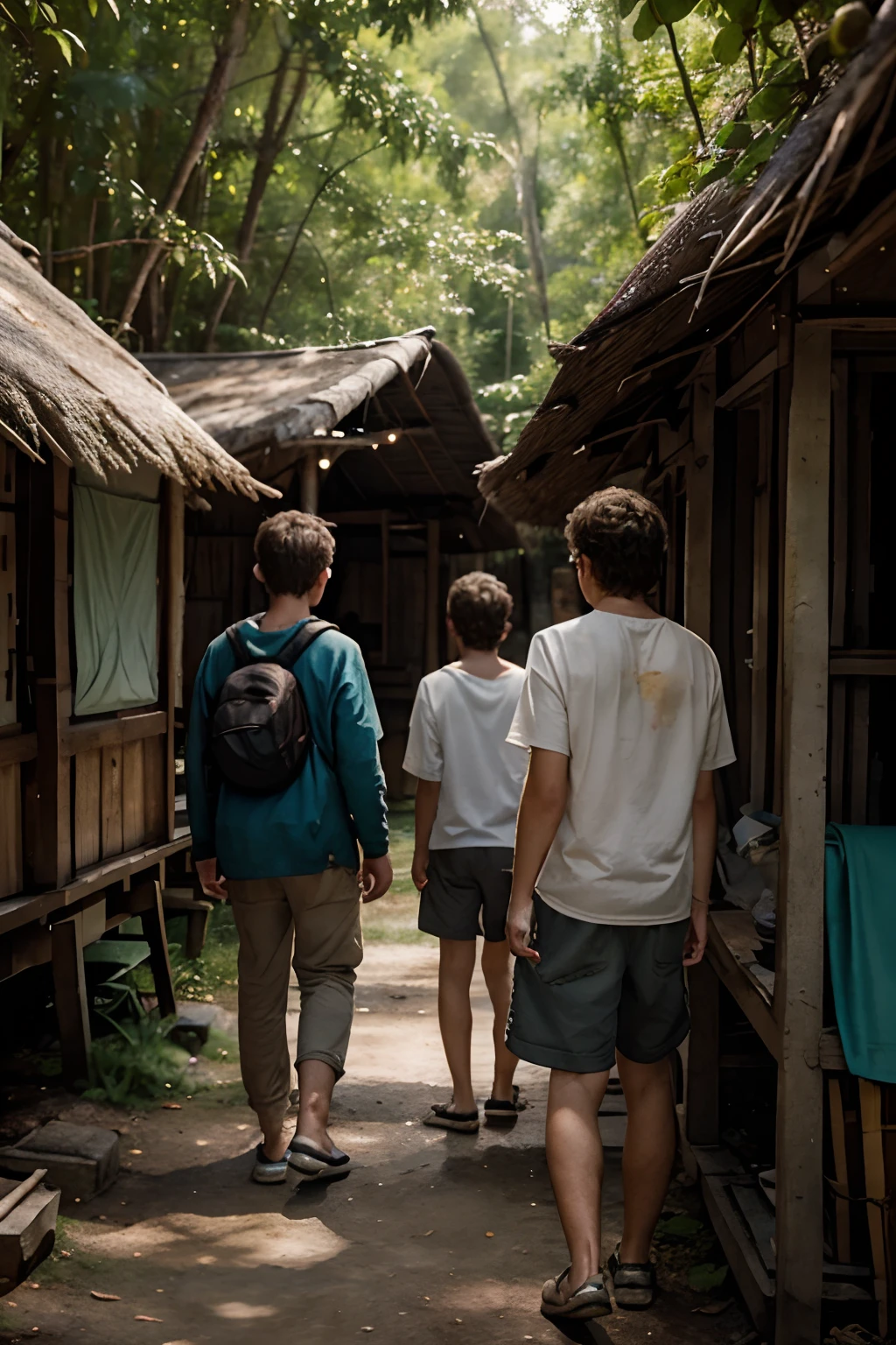 I need a cover for a watercolor style youth book with three characters, two boys and a girl looking towards the horizon in a dense forest and in the background a rudimentary hut with a lamp lit inside and a Mr. standing at the door