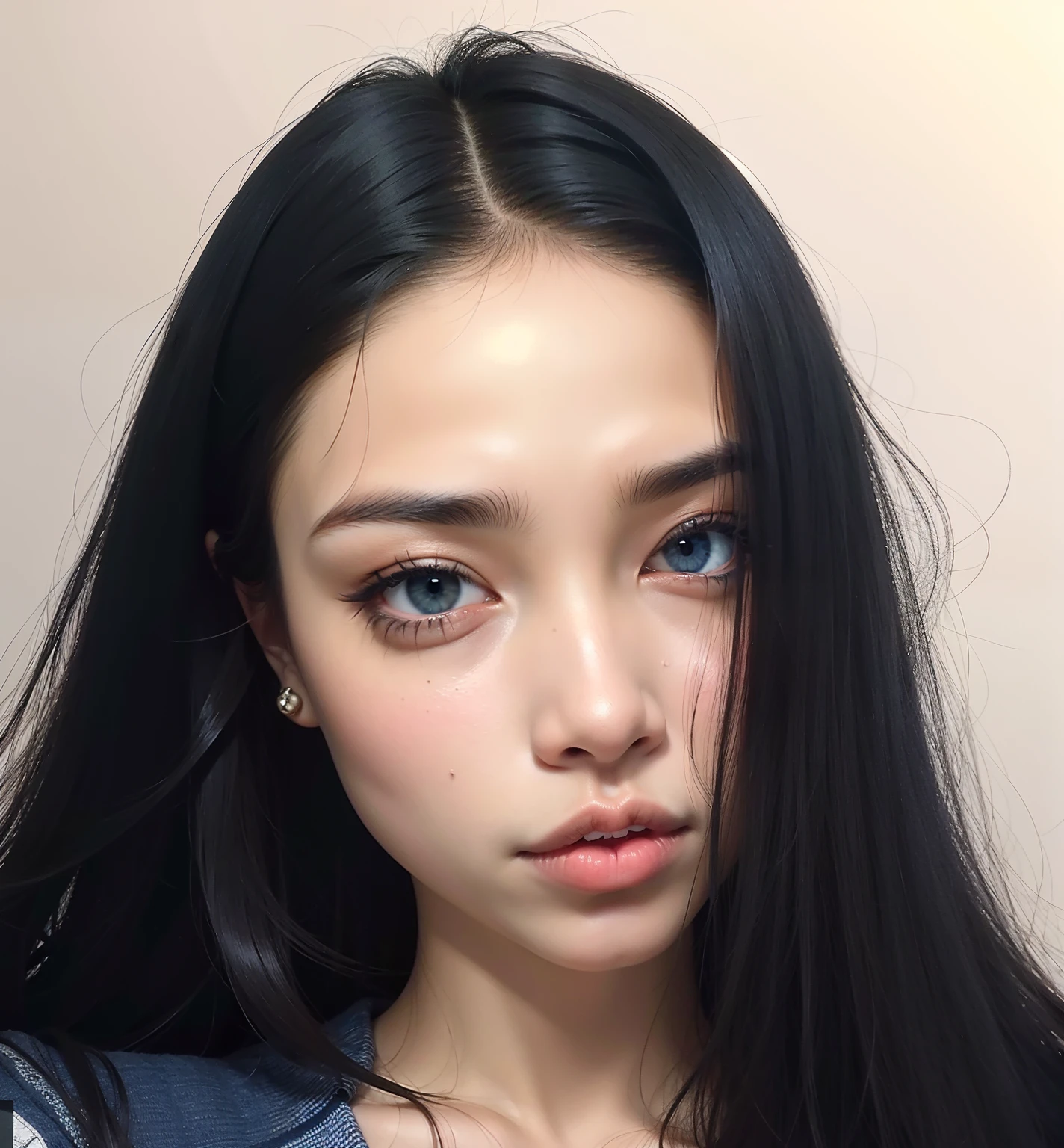 mulher arafed com cabelo preto longo e uma camisa azul, olhos negros e testa grande, south east asian with round face, olhos negros mal-humorados, cruel korean goth girl, jennie blackpink, sem maquiagem, olhos escuros, grandes olhos escuros, pale round face, grandes olhos negros, Asian face, cabelos pretos e olhos grandes, com olhos negros, tired face