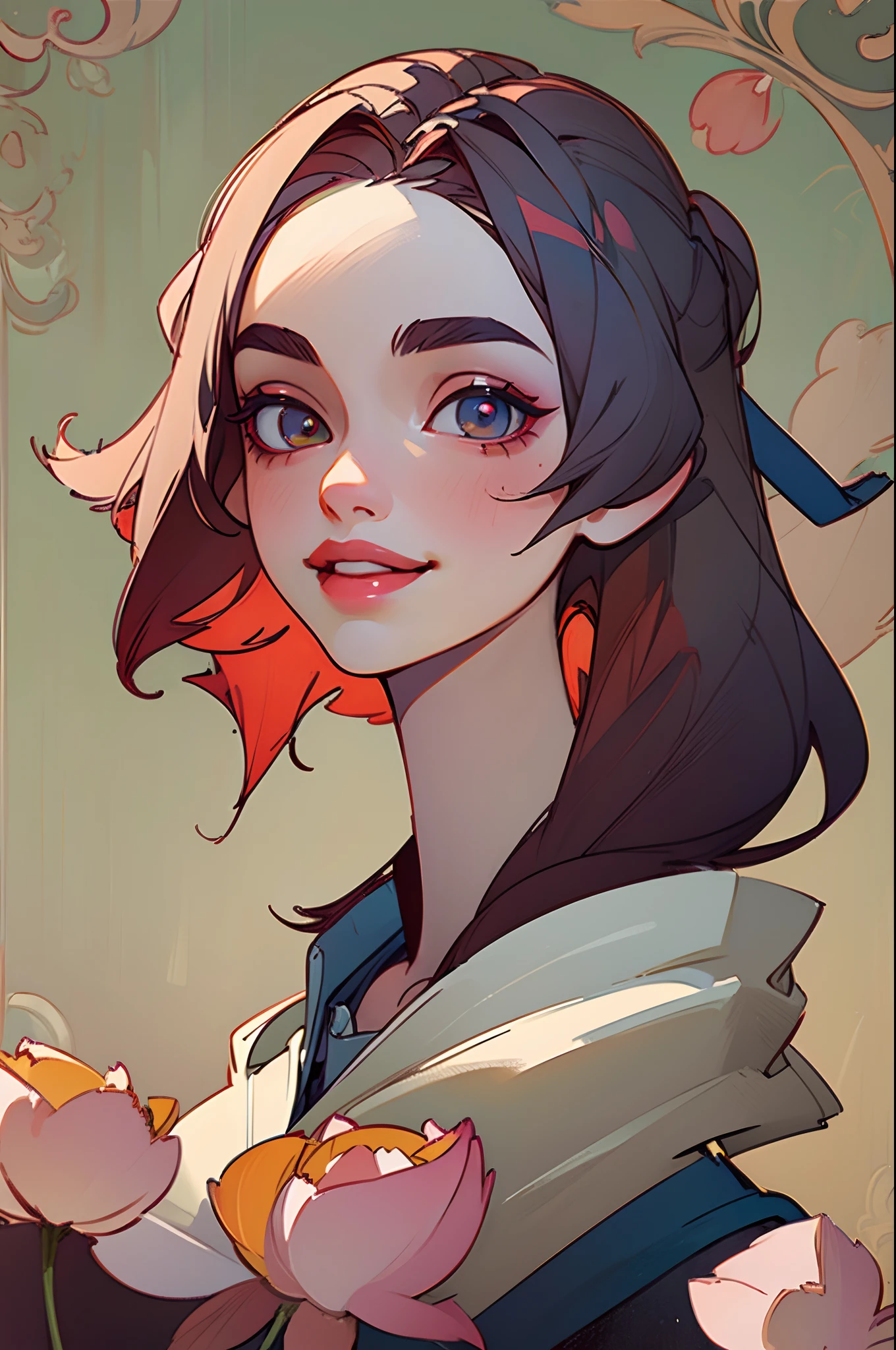 (masterpiece, top quality, best quality, official art, beautiful and aesthetic:1.2), portrait, scarlet lotus, full lips, grinning