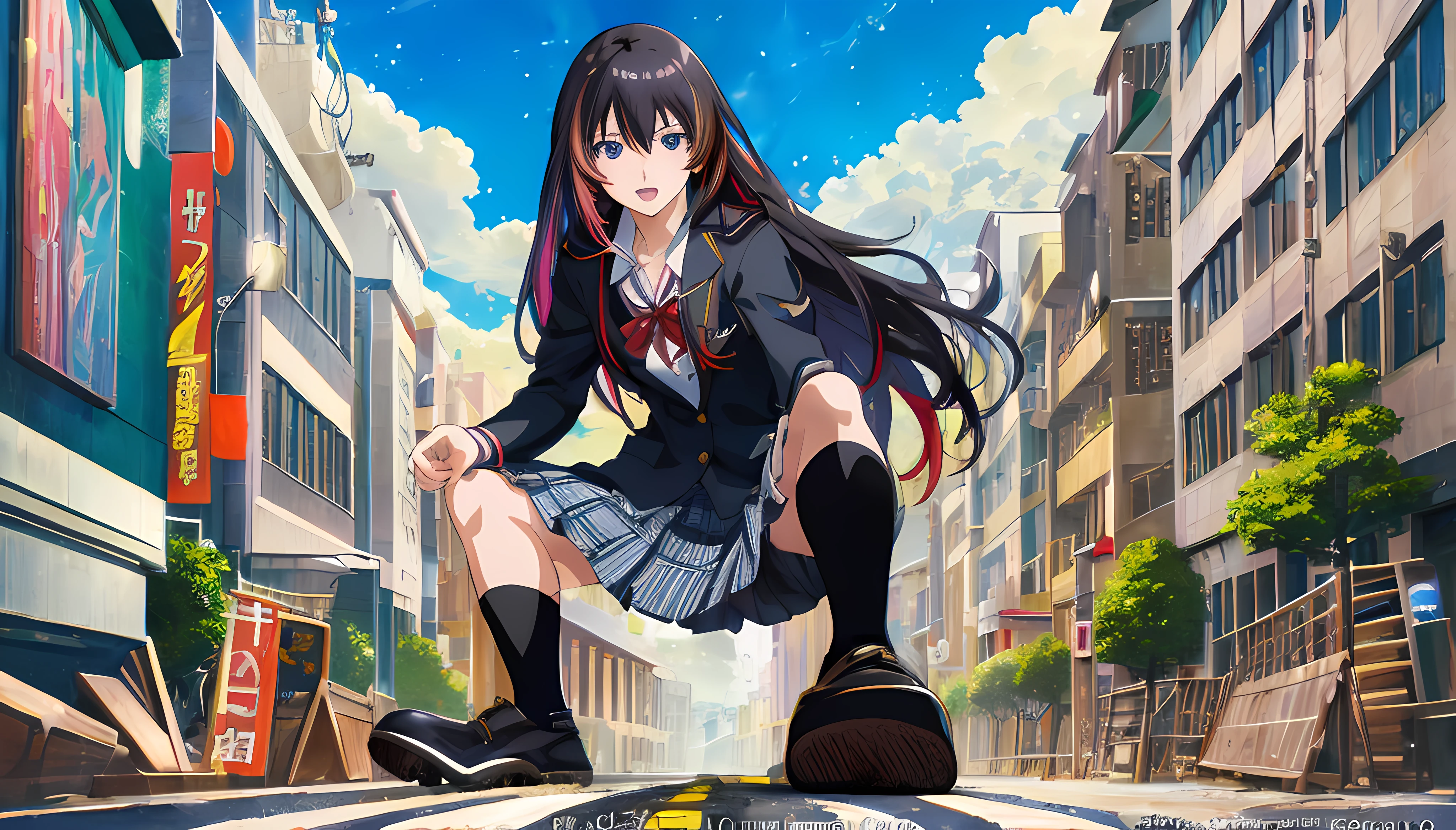 (anime key visual),(best quality,4k,highres:1.2),,(portrait),(anime),(vivid colors),(sharp focus),(HDR),(studio lighting),(ultra-detailed),(realistic:1.37),(long-haired),(school uniform),(open-mouthed),(city street),(beautiful eyes),(colorful background),(dynamic perspective),(detailed facial features),(brushstroke details),(color gradients),(professional),(bokeh),(concept art),(anime style),(atmospheric lighting),(lively ambiance),(captivating artwork),(expressive character),(eye-catching composition),(impressive artwork)