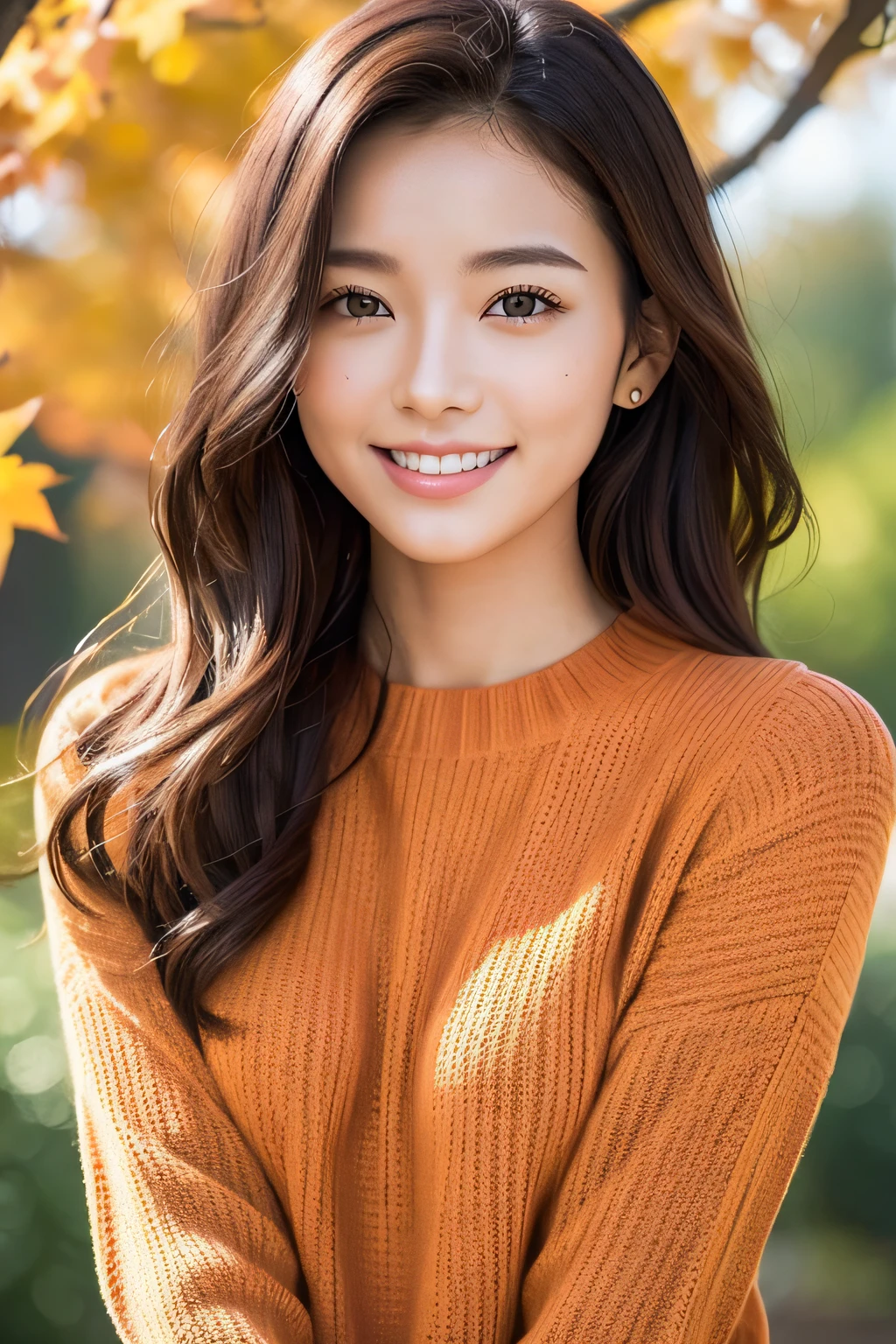 Masterpiece, highest quality, illustration, ultra-definition, detailed, high resolution, 8K wallpaper, perfect dynamic composition, detailed eyes, autumn women's fashion, wavy hair, small breasts, natural colored lips, bold sexy pose, smile, Harajuku , 25-year-old girl, cute, sexy shot looking at the camera,