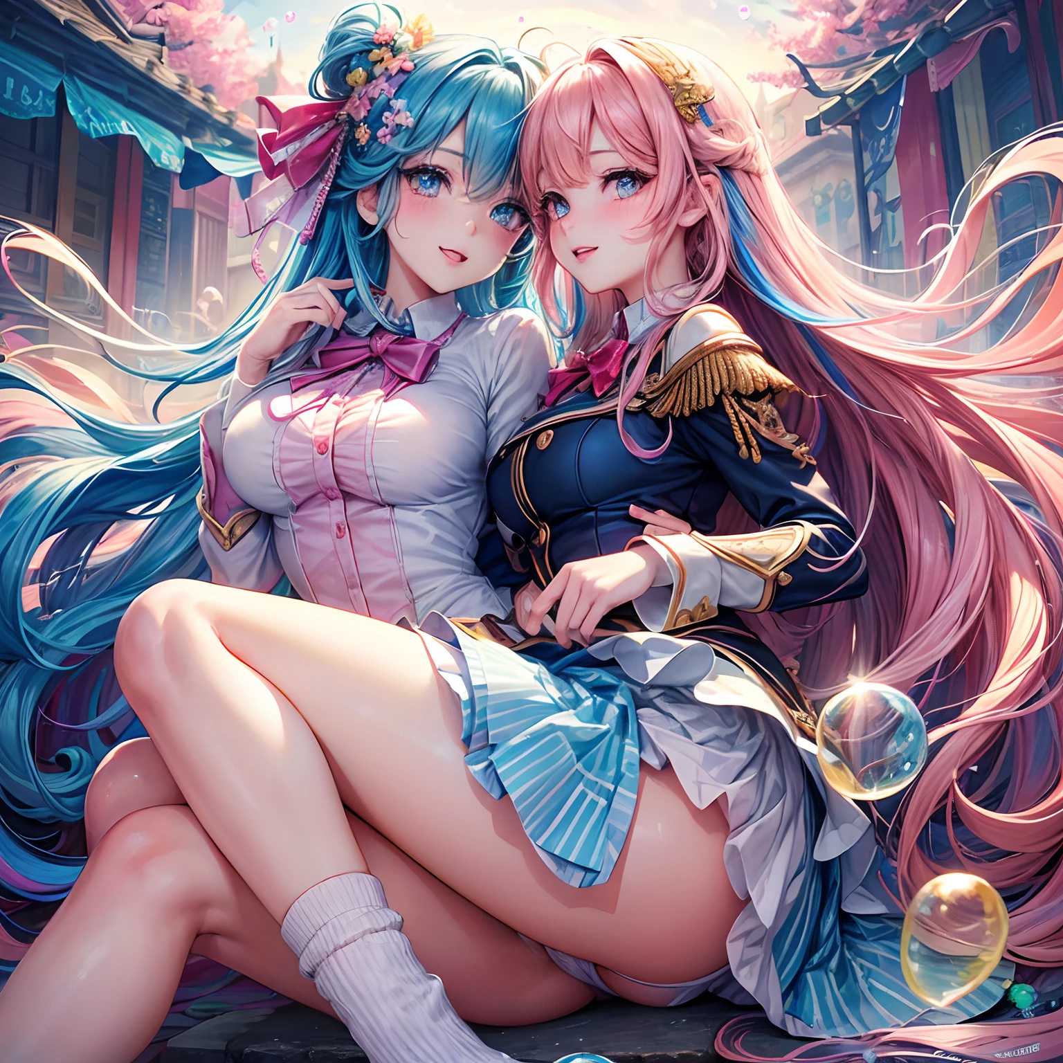(Beautiful detailed eyes,Beautiful detailed lips,extremely detailed eye and face,longeyelashes,Cute girl in ribbon uniform,Cute uniform,Blazer,laughing loud,attractive girl,Best Quality,busty,masutepiece:1.2,stunning figure,Erotically cute,Ultra-high resolution,Gorgeous girl,Lovely girl,Multi-colored hair,Relaxation Socks,High resolution,gorgeous eyes,Perfect beauty) (masterpiece、top-quality、top-quality、watercolor paiting(Curly)、Official art、Beautifully Aesthetic:1.2)、(2girl with:1.3)、(Fractal Art:1.3)、The upper part of the body、From Side、looking at the viewers、patterns、(rainbow-colored hair、colourful hair、Half blue and half pink hair:1.2)、Eau、gases、云、colourfull、Soap bubbles、Deep kissing