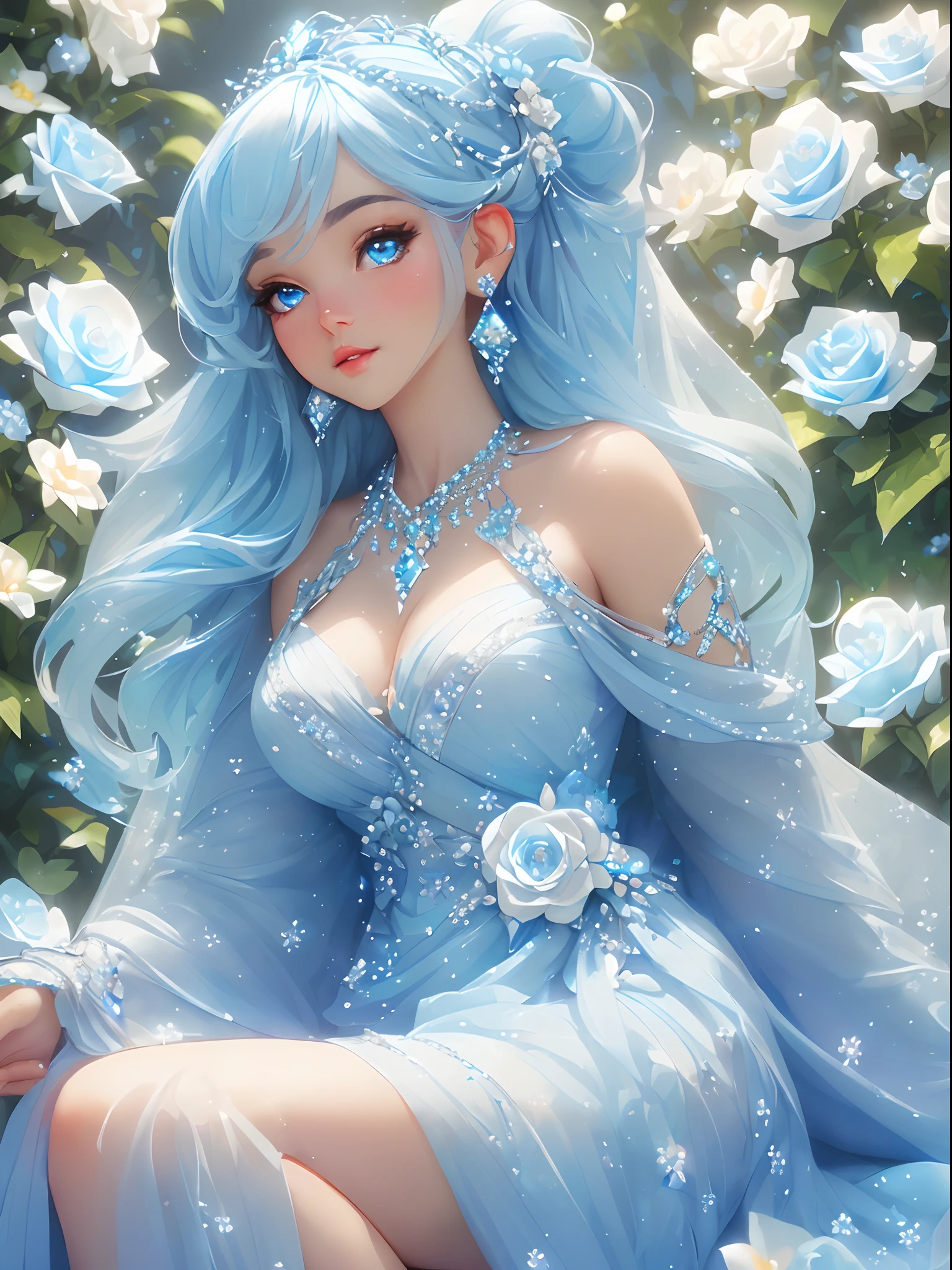 ((a close body portrait of an attractive beautiful goddess sitting beside many blue rose flowers)), ((dressed in a long linen blue dress with decorations of crystal light blue pieces of jewelry and white flower pin to her hair.)) she has blue crystal eyes and long light blue hair sliding straight down her back)), (capture the scene and the ethereal grace of her surroundings, blue rose flowers, wearing diamond crystal earrings, and the blue stars up the far sky), best lighting effects, high quality, best quality, sharp focus, hyperdetailed, 8K, vibrant colors