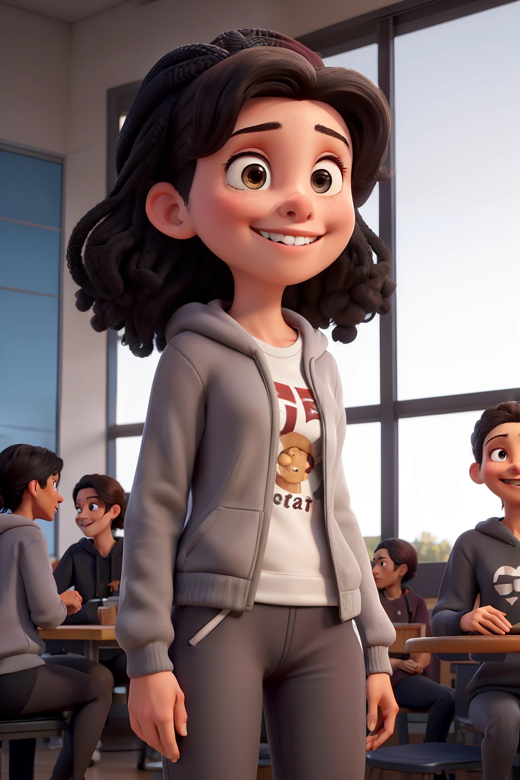 Obra-prima, de melhor qualidade, A fair-skinned girl, olhos cor castanho esverdeado, cabelo castanho longo e ondulado, Wearing black leggings and a burgundy sweatshirt, escrito DIREITO, olhando para um rapaz de pele clara, olhos castanho, cabelo loiro escuro, with a pair of gray sweatpants and a black sweatshirt and sweatshirt cap, staring at the girl in the college cafeteria and laughing at her, She's got a lot of people by her side, And you're far away from him, They're looking at each other in the distance.
