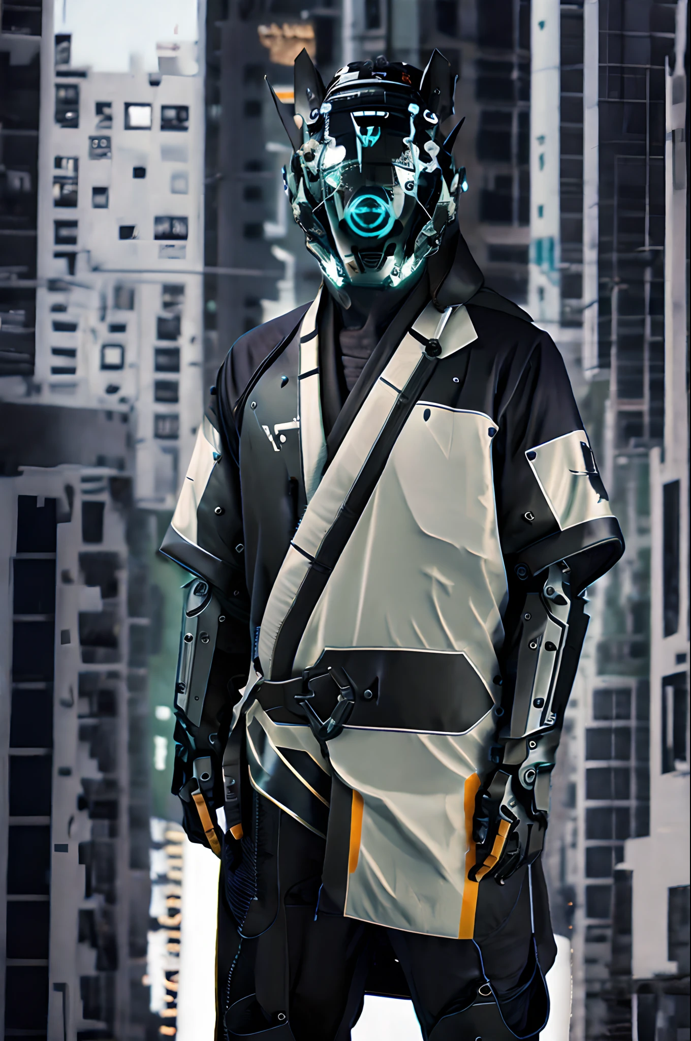 sleek cyborg robot patrolling street at (night:1.4) BREAK Shinsengumi Haori wearing (robe:1.2), cape BREAK cyber helmet with corporate logos BREAK, (mega city background:1.4),fcPortrait