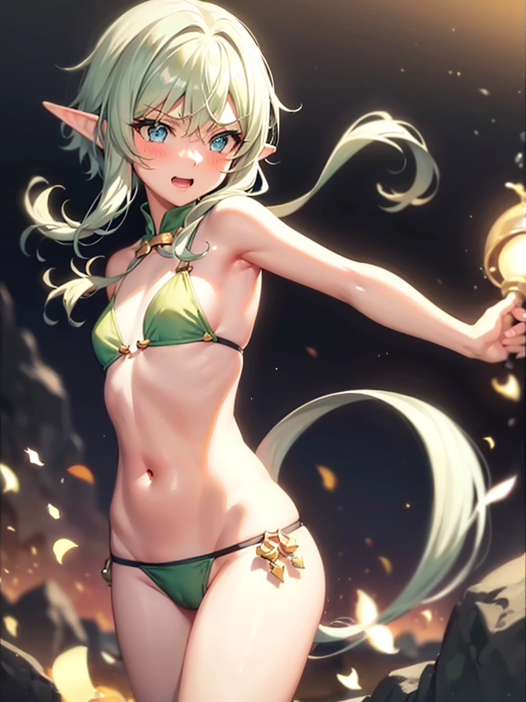 Best Quality, masterpiece, ((Solo, 1girl)), high elf archer, fine detailed shiny eyes, small chest, high resolution, best lighting, extremely detailed illustrations, blush, embarrassed, smile, open mouth, crotch seam, cameltoe, day, dripping wet, no panty, very NSFW, female masturbation,cum everywhere, very small bikini, view from behind, butt visible, bikini wedged in butt, t-back bikini,