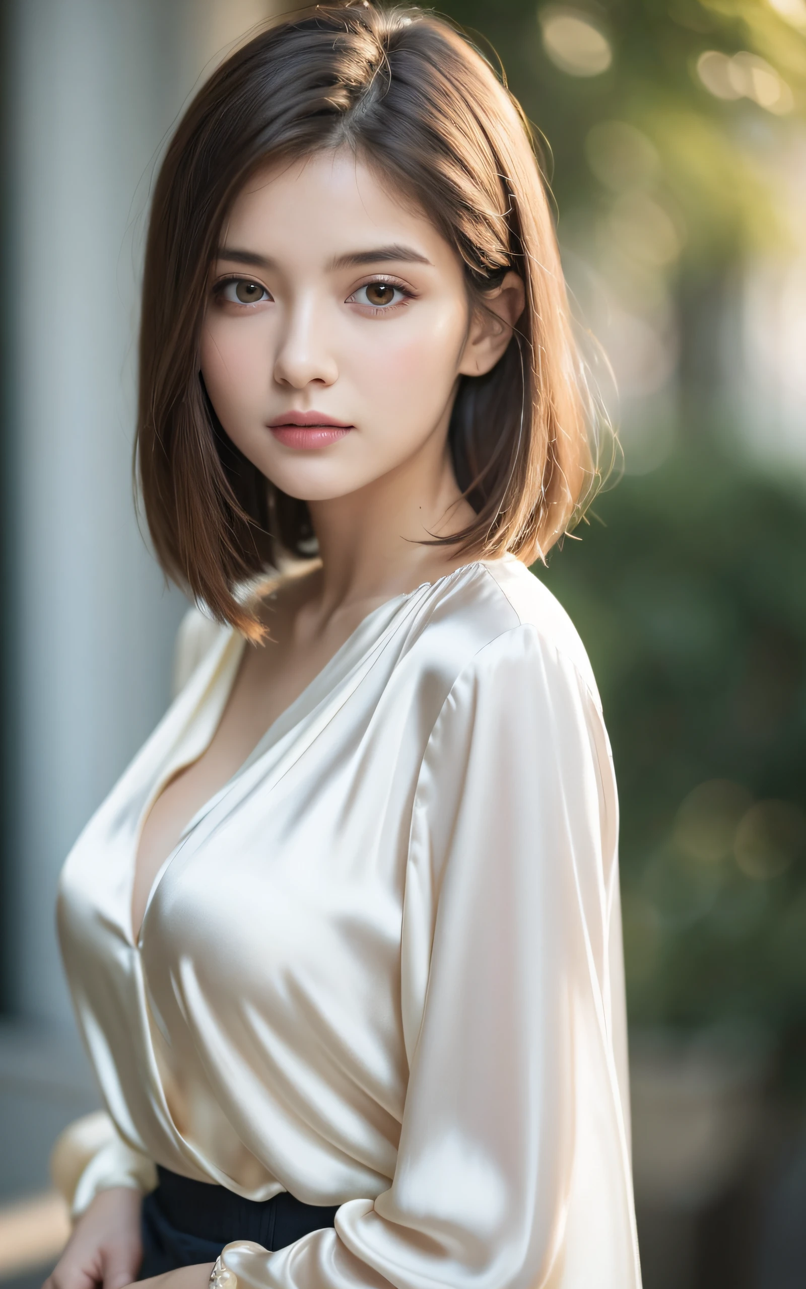 masterpiece, Best Quality, 8K, 20 yo, (Large breast:1.2), cuddly, Solo, sad, Cute, Girly, Delicate girl, Neat and clean beauty, Raw photo, Professional Photography, Portrait, Soft light, Professional Lighting, Back lighting, Upper body, Looking away, Sophisticated, Film grain, (Eyes and faces with detailed:1.0), short length floating hair , beautiful flowing hair, silk blouse,