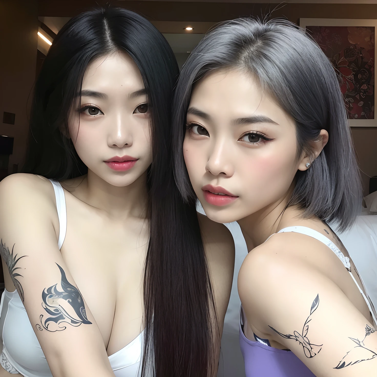 Two Asian women with tattoos on their arms and arms, Nixeu e Sakimichan, de menina taiwanesa com tatuagens, maquiagem sul-coreana popular, cabelo de duas cores, Ulzzang, com preto, inspirado em Wang Duo, com o mesmo penteado, longos cabelos lisos prateados, com cabelos longos brancos, maquiagem coreana popular, cabelos grisalhos lisos, charcoal color skin