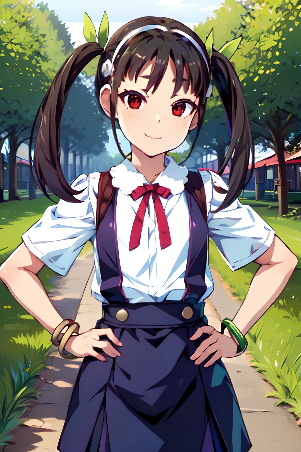 highres,1girl, solo,  looking at viewer, hachikuji01, long hair, brown hair, red eyes, flat chest, twintails, hair ribbon, white hairband, skirt, shirt, ribbon, green bracelet,  school uniform, white shirt, short sleeves, blue skirt, suspenders, suspender skirt, star \(symbol\), smile, :3,hands on hips,portrait,garden, flowers, trees,