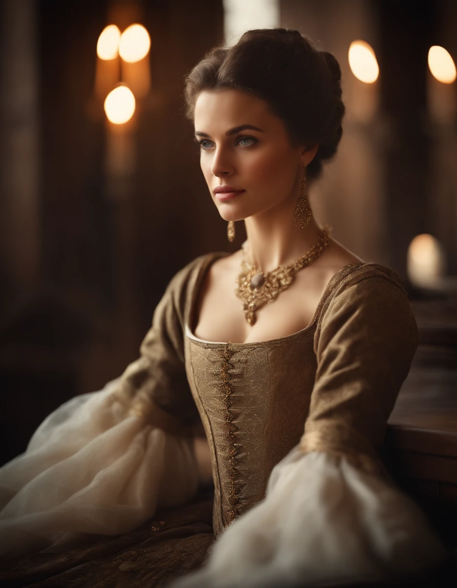 Cinematic portrait, ((upper body)), facing the audience, (Reality :1.3), the world's most beautiful artwork photo, a woman looking into the camera, European medieval court dress, gorgeous, soft gauze, detailed beautiful face, action shooting, (intricate :1.4), medieval court background, Photo realistic, CG, art station