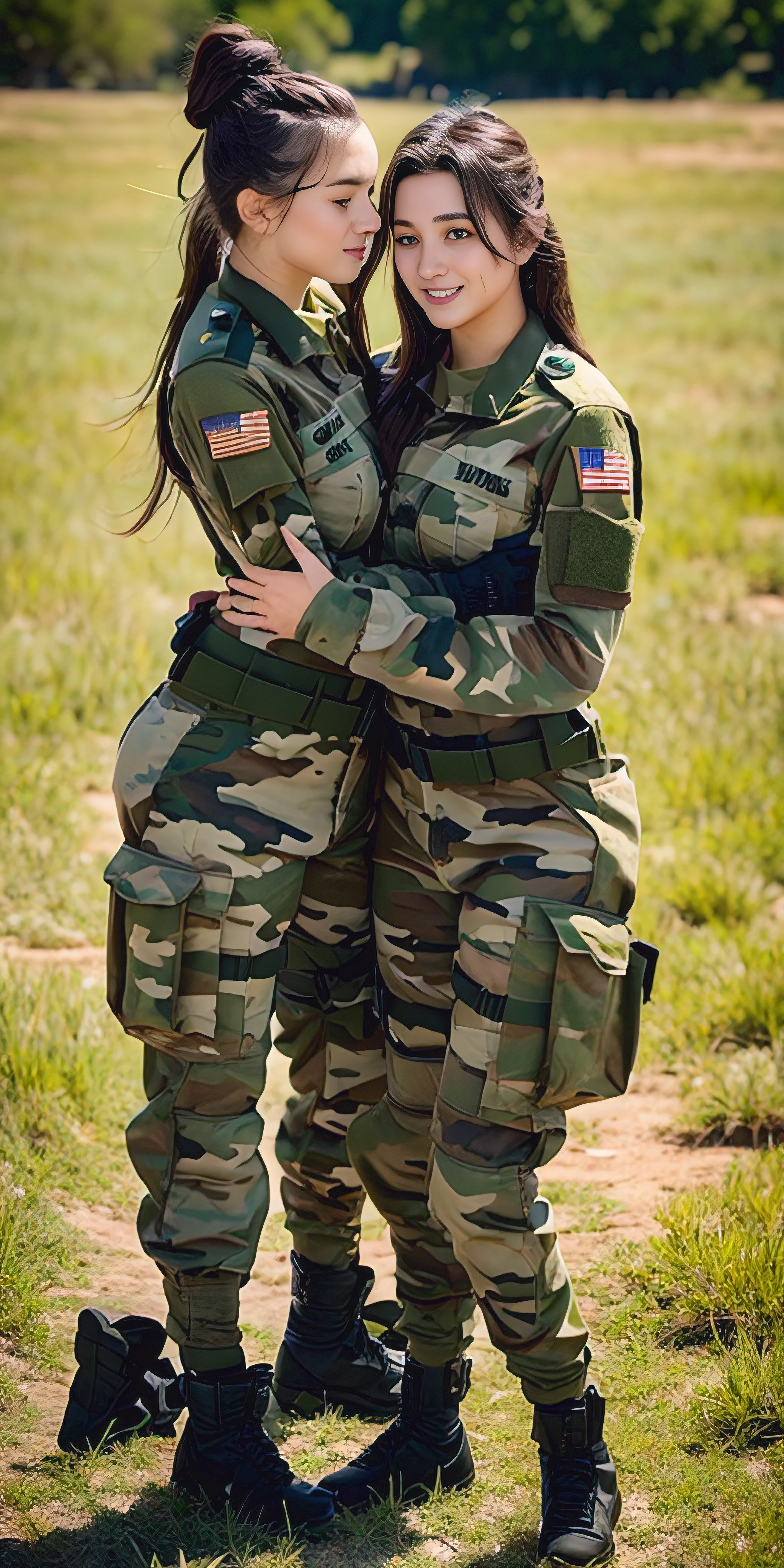 ultrarealistic beautiful female soldier wearing camouflage uniform with the trousers tight around the crotch with pee and full combat kit hugging a young female soldier.  Both are kissing on the mouth with their tongues dancing with each other.  Their hands are on each other's ass and their legs are rubbing against the other's crotch