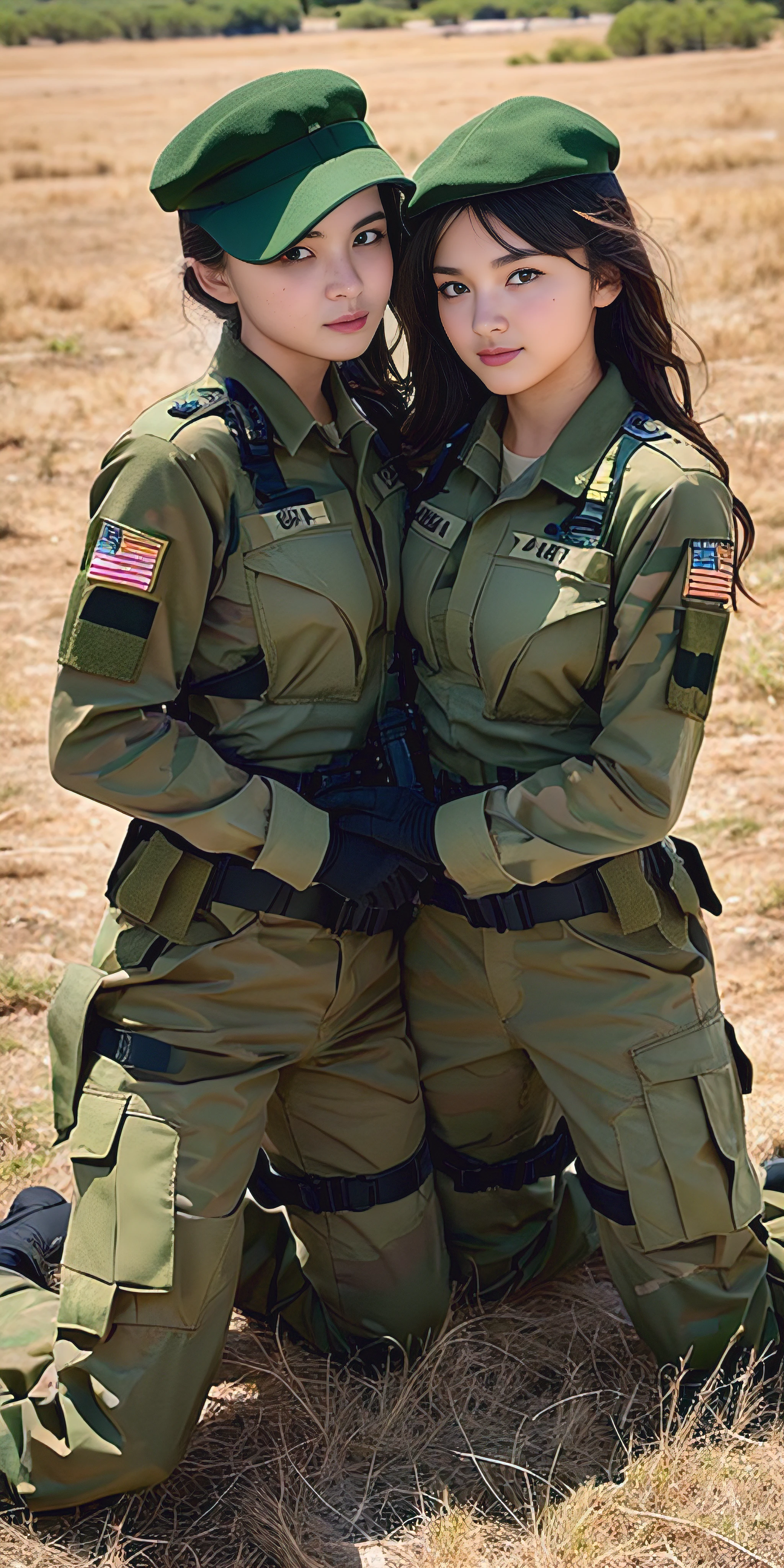 two beautiful girls who are soldiers. They are in their camouflage uniforms and in their combat gear. They are out in the field training and during break they embrace to French kiss and rub their crotches over their uniform