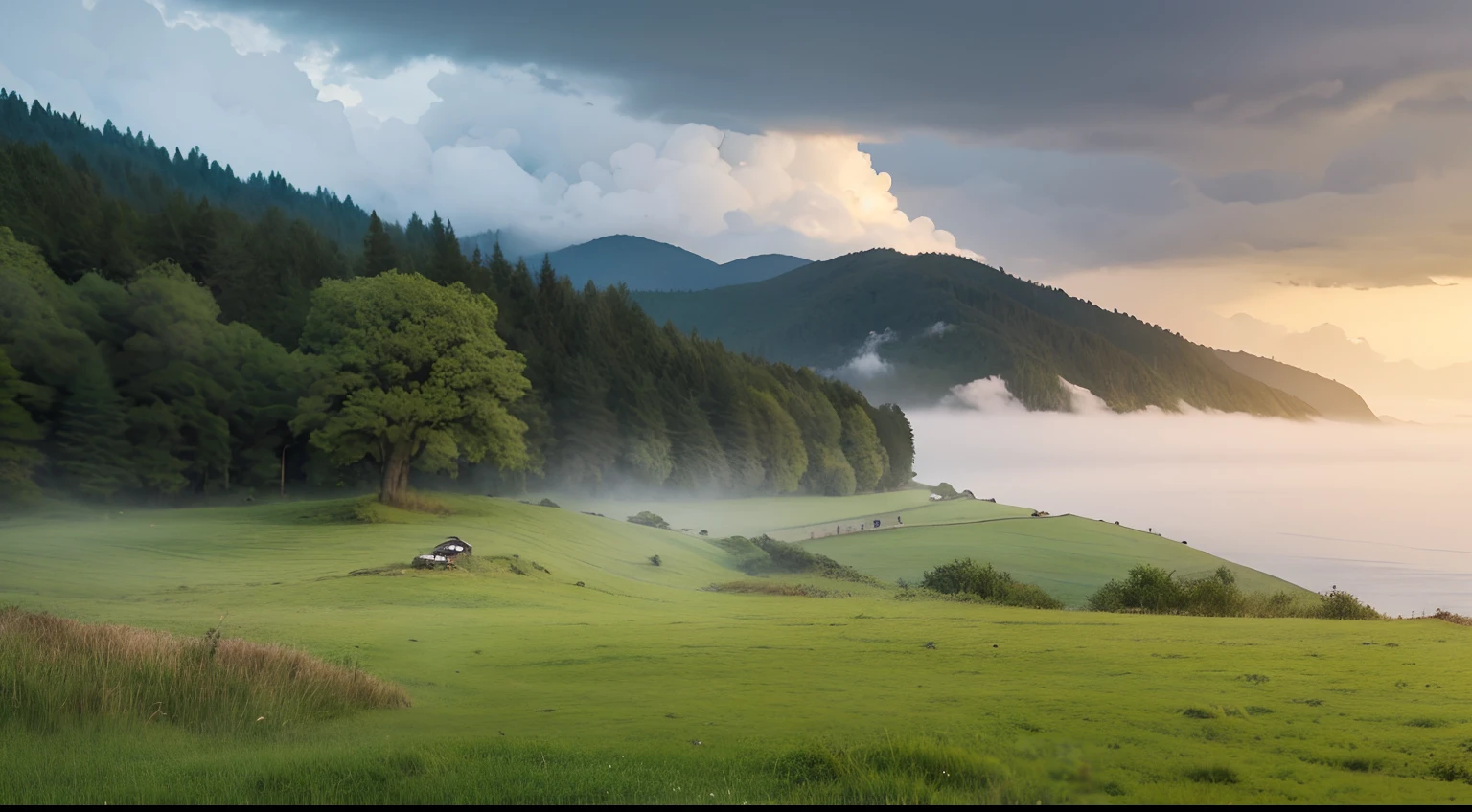 peaceful and serene, Beautiful place, quiet and serene atmosphere, lush grassland, in a serene landscape, stunning nature in background, Beautiful environment, very beautiful scenery, beautiful serene landscape, peaceful scenery, Fantastic wilderness scenery, Really beautiful nature, Nature wallpaper,Realiy,meticuloso,rainy sky,Ethereal mist