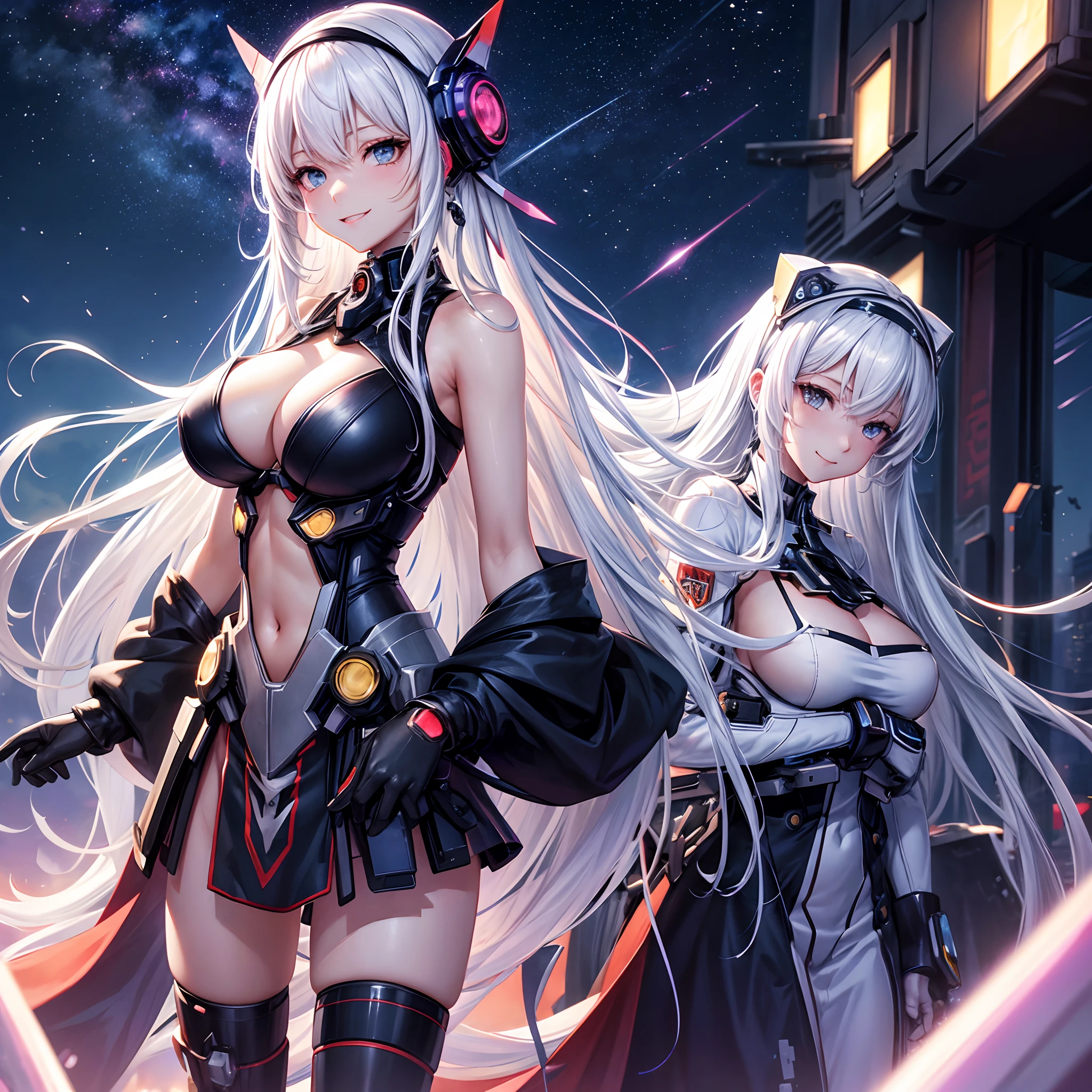 masutepiece, Best Quality, 4K, mechs, Starry sky, skyporn, Stars(skyporn), Cape, head band, Slender legs, a beauty girl，a smile，huge tit，girl，Long hair, White hair, Cyberpunk, depth of fields, Blurred background,