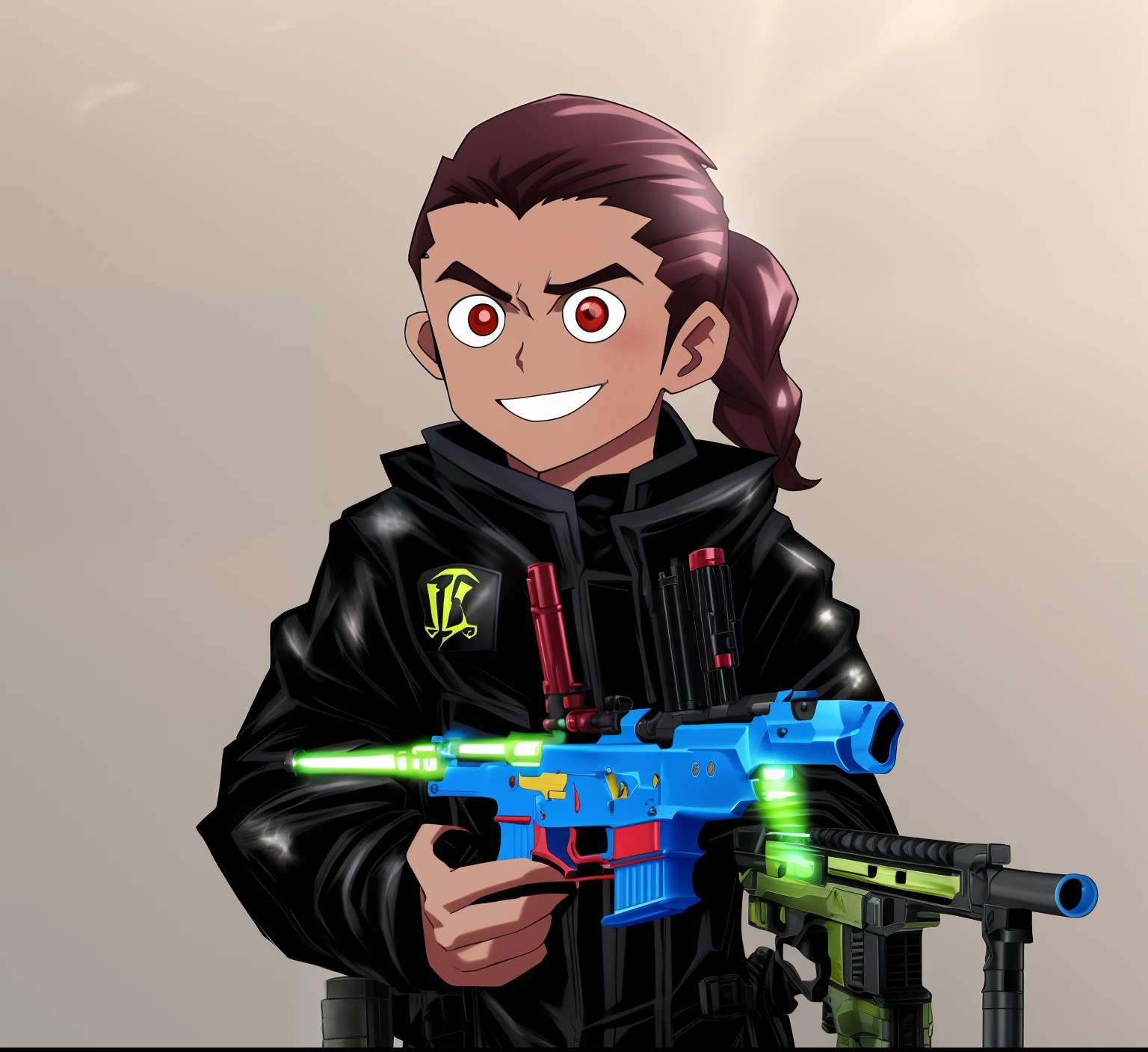 Arafed boy holding a toy gun and smiling at the camera, tenant un blaster, Nerf ou rien, Next to it is a toy ray gun, Blaster fire glowing like a neon light, in the foreground boy with shotgun, avec fusil, avec pistolet, il a un pistolet!!, Fusil de maintien, pose de prise de vue, bolt-action pistol in one hand, Holding a Ray Gun, Ready for combat