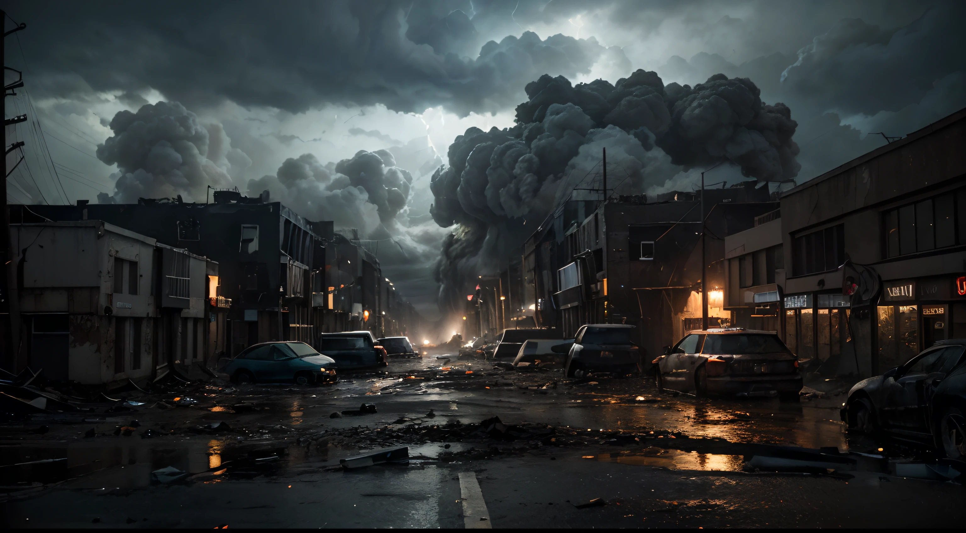 apocalypse hurricane storm,dystopian city, ((a subtle image of demon face appears in the violent clouds)), destroyed buildings,burning wreckage,deserted streets,torrential rain,flashing lightning,howling wind,ominous atmosphere,cracked asphalt,rubble,charred remains,shattered windows,abandoned vehicles,post-apocalyptic chaos,devastation (best quality,4k,8k,highres,masterpiece:1.2),ultra-detailed,(realistic,photorealistic,photo-realistic:1.37),HDR,UHD,studio lighting,extreme detail description,professional,vivid colors,bokeh concept artists,portraits,dark and moody,color grading,dramatic lighting