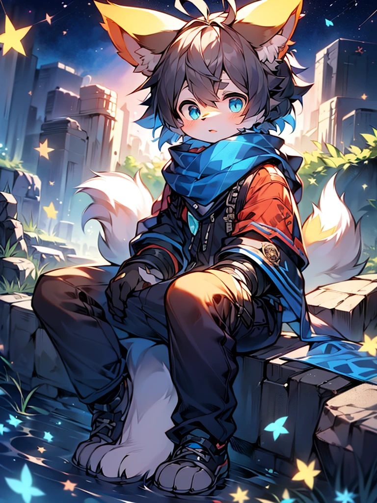 （1boys），（shota），（high-definition quality，Masterpiece level），cute teen character，Dark gray hair，blue colored eyes，（Wolf ears），（Wolf tail），One tail，（No ears），（younge boy），（Ear covering），（hair covered ears），facial camera，A pinch of blue bangs，in a panoramic view，Look at the stars,Leaning against a rock