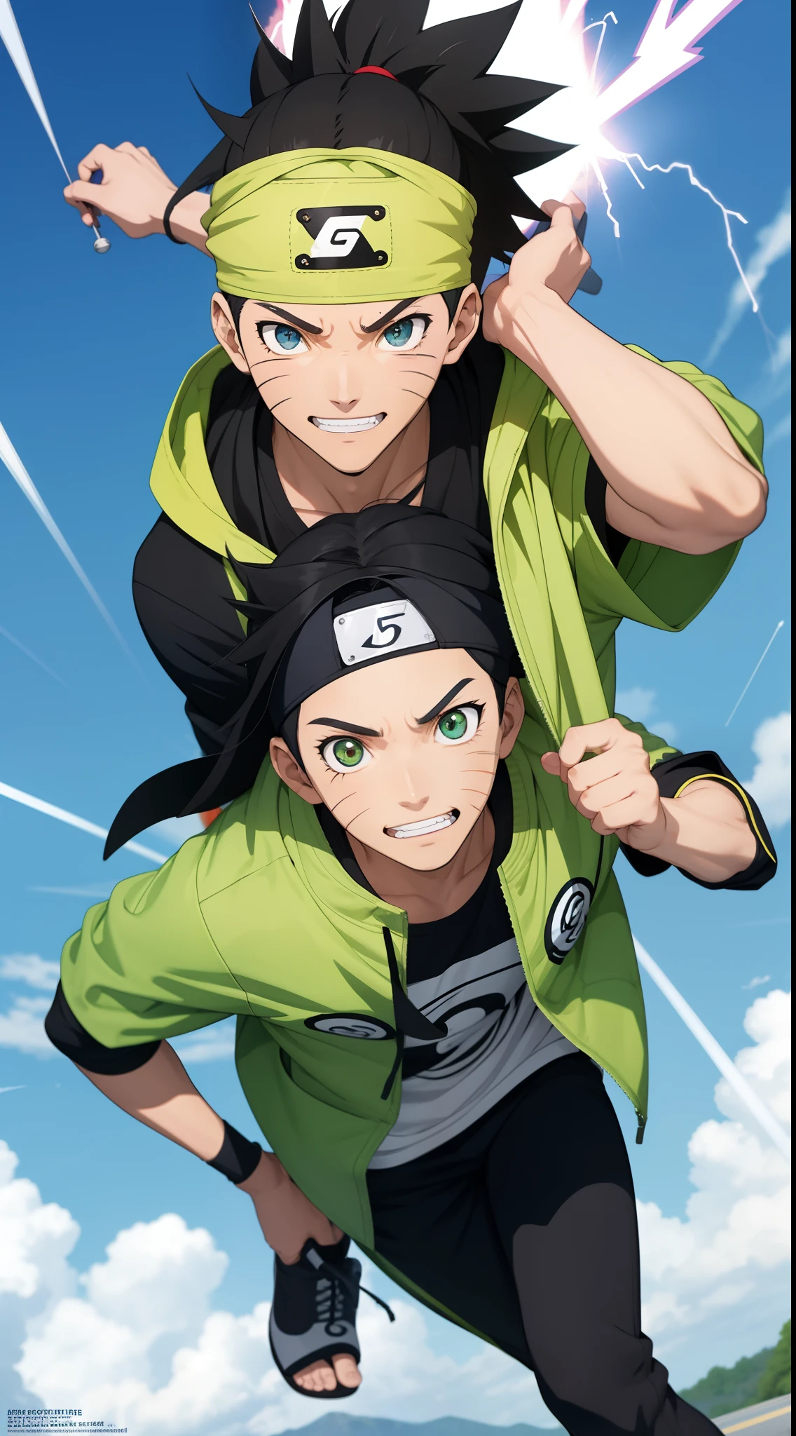 Create an anime, Naruto inspire full body poster of a nice young, looking
13 year old African-American boy with a buck teeth, a gap in between his two front teeth a big nose with African-American short locks as hair with pimples wearing a short sleeve green jacket with black pants with a pouch on its left side with black air forces and a headband with the Tavon and on his right hand, have a ball of lightning hitting the ground as well his right eye with a scar on it going all the way through his eye. The scene should be in the digital art style of the Naruto.