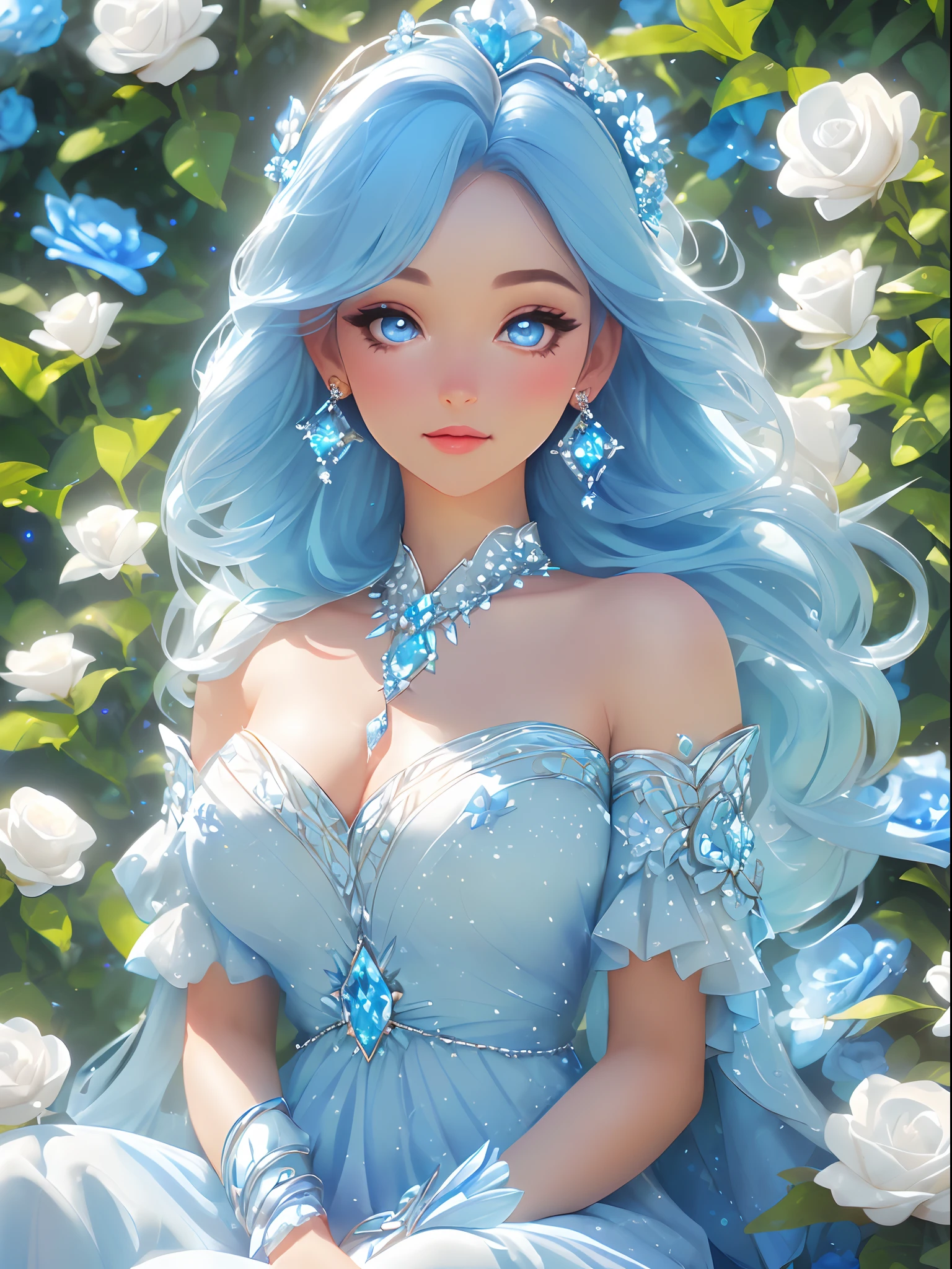 ((a close body portrait of an attractive beautiful goddess sitting beside many blue rose flowers)), ((dressed in a long linen blue dress with decorations of crystal light blue pieces of jewelry and white flower pin to her hair.)) she has blue crystal eyes and long light blue hair sliding straight down her back)), (capture the scene and the ethereal grace of her surroundings, blue rose flowers, wearing diamond crystal earrings, and the blue stars up the far sky), best lighting effects, high quality, best quality, sharp focus, hyperdetailed, 8K, vibrant colors