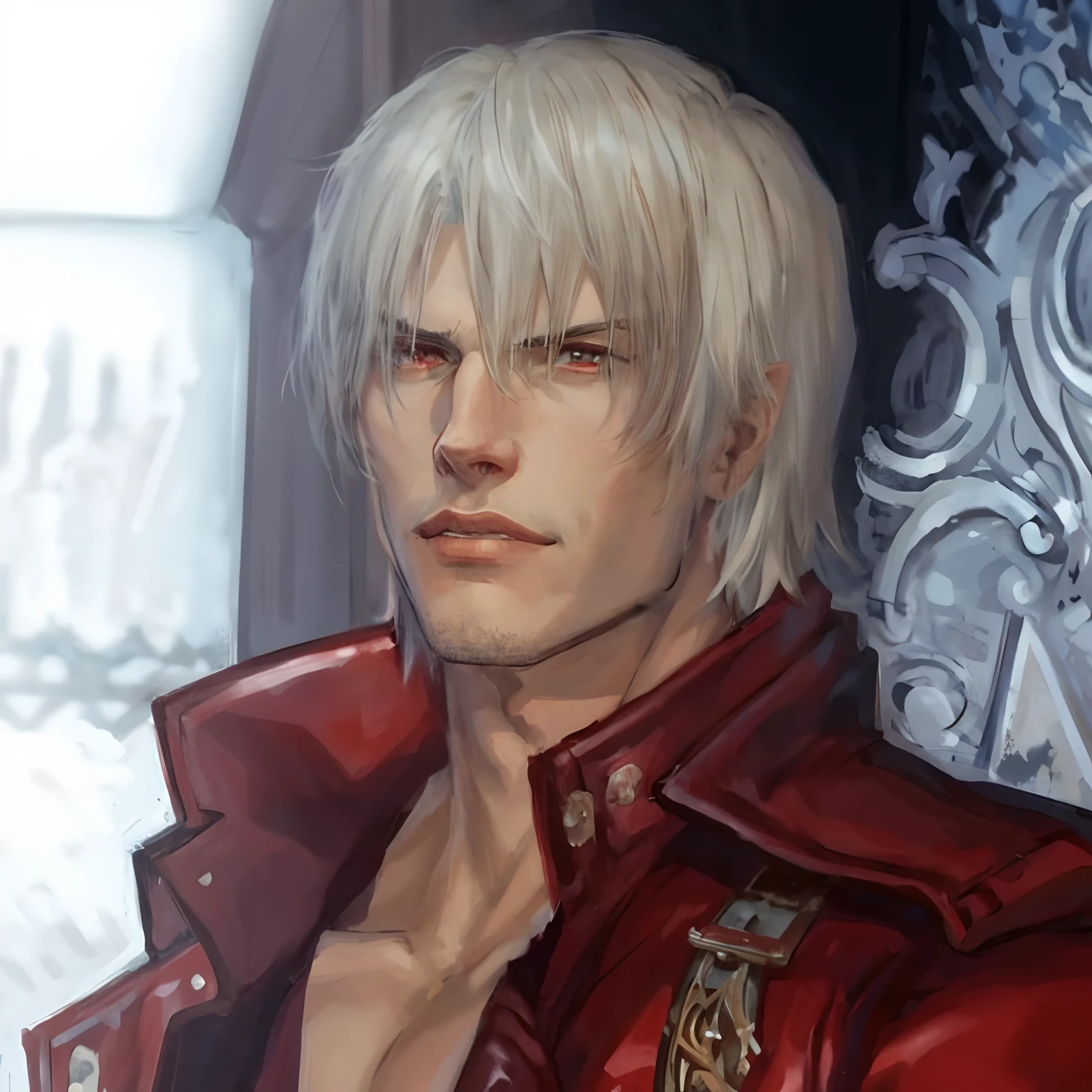 a close up of a person with a red jacket and a white shirt, son of sparda, dante from devil may cry 2 0 0 1, dante from devil may cry, v from devil may cry as an elf, devil may cry, dante, as a character in tekken, johan liebert mixed with dante, thancred waters, sakimi as 90s 2d anime ART style