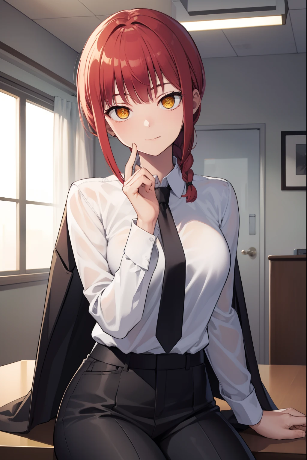 makima, makima, long hair, smile, bangs, small breasts, (yellow eyes:1.2), braid, red hair, braided ponytail, ringed eyes, BREAK  shirt, long sleeves, jacket, white shirt, necktie, collared shirt, pants, black jacket, black pants, formal, suit, black necktie, shirt tucked in, office lady, BREAK indoors, office, BREAK looking at viewer, BREAK (masterpiece:1.2), best quality, high resolution, unity 8k wallpaper, (illustration:0.8), (beautiful detailed eyes:1.6), extremely detailed face, perfect lighting, extremely detailed CG, (perfect hands, perfect anatomy), sitting on a big black cock.