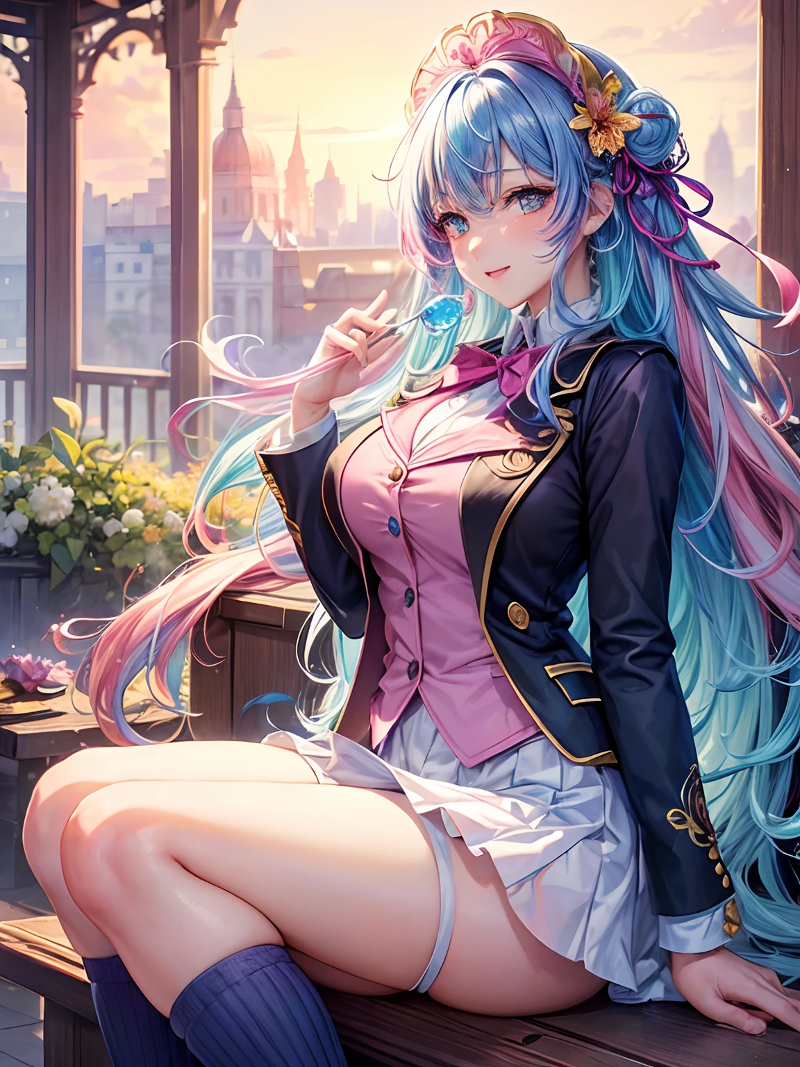 (Beautiful detailed eyes,Beautiful detailed lips,extremely detailed eye and face,longeyelashes,Cute girl in ribbon uniform,Cute uniform,Blazer,laughing loud,attractive girl,Best Quality,busty,masutepiece:1.2,stunning figure,Erotically cute,Ultra-high resolution,Gorgeous girl,Lovely girl,Multi-colored hair,Relaxation Socks,High resolution,gorgeous eyes,Perfect beauty) (​masterpiece、top-quality、top-quality、watercolor paiting(Curly)、Official art、Beautifully Aesthetic:1.2)、(２girl with:1.3)、(Fractal Art:1.3)、The upper part of the body、From Side、looking at the viewers、patterns、(rainbow-colored hair、colourful hair、Half blue and half pink hair:1.2)、Eau、gases、云、colourfull、Soap bubbles、Deep kissing