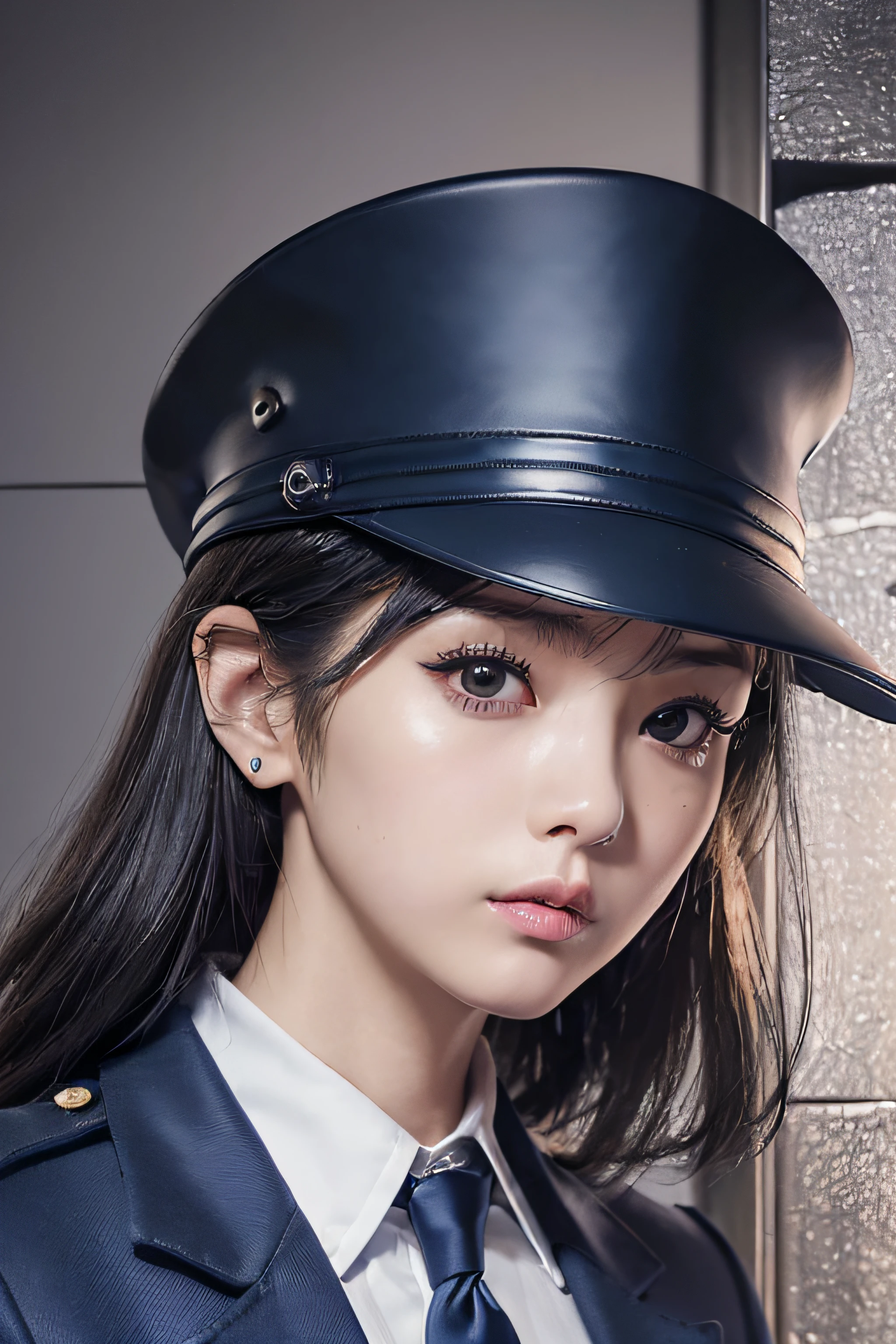 (jail cell:1.6)、1womanl、japanes、(Super Beautiful Female Police Officer)、(beauitful face:1.5)、(A detailed face:1.5)、(A detailed eye)、(Detailed lips)、(Detailed nose)、(Dark blue mini skirt:1.2)、(Dark blue jacket:1.2)、(Dark blue tie)、(white shirt)、(Dark Blue Hat)、(Police uniform and black shoes:1.5)、(Bare legs:1.2)、(At SFW:1.5)
