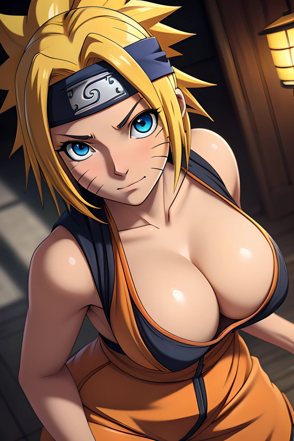 Ninja Girl, ((short Yellow hair)), ((beatiful face)), Charming, sexy facial expression, is looking at the camera, ((Skin color: white)), Body glare, ((Clear eyes)), ((Beautiful Female Eyes)), ((dark blue eyes)), ((Perfect Sexy Figure)), ((Ideal body shapes)) , big thighs, ((Subtle and beautiful)), ((Naruto Uzumaki's orange outfit, sexy cleavage, Konohagakure Headband)), Sexy stance ((close - up)) in full height, background: Konoha, Hidden Leaf Village, 19th century Japanese village, Depth of field, ((ultra quality)), ((tmasterpiece)), ((clear image)), crisp details, Realistic, Professional Photo Session, ((Clear Focus)), the anime, Colorfully drawn, NSFW