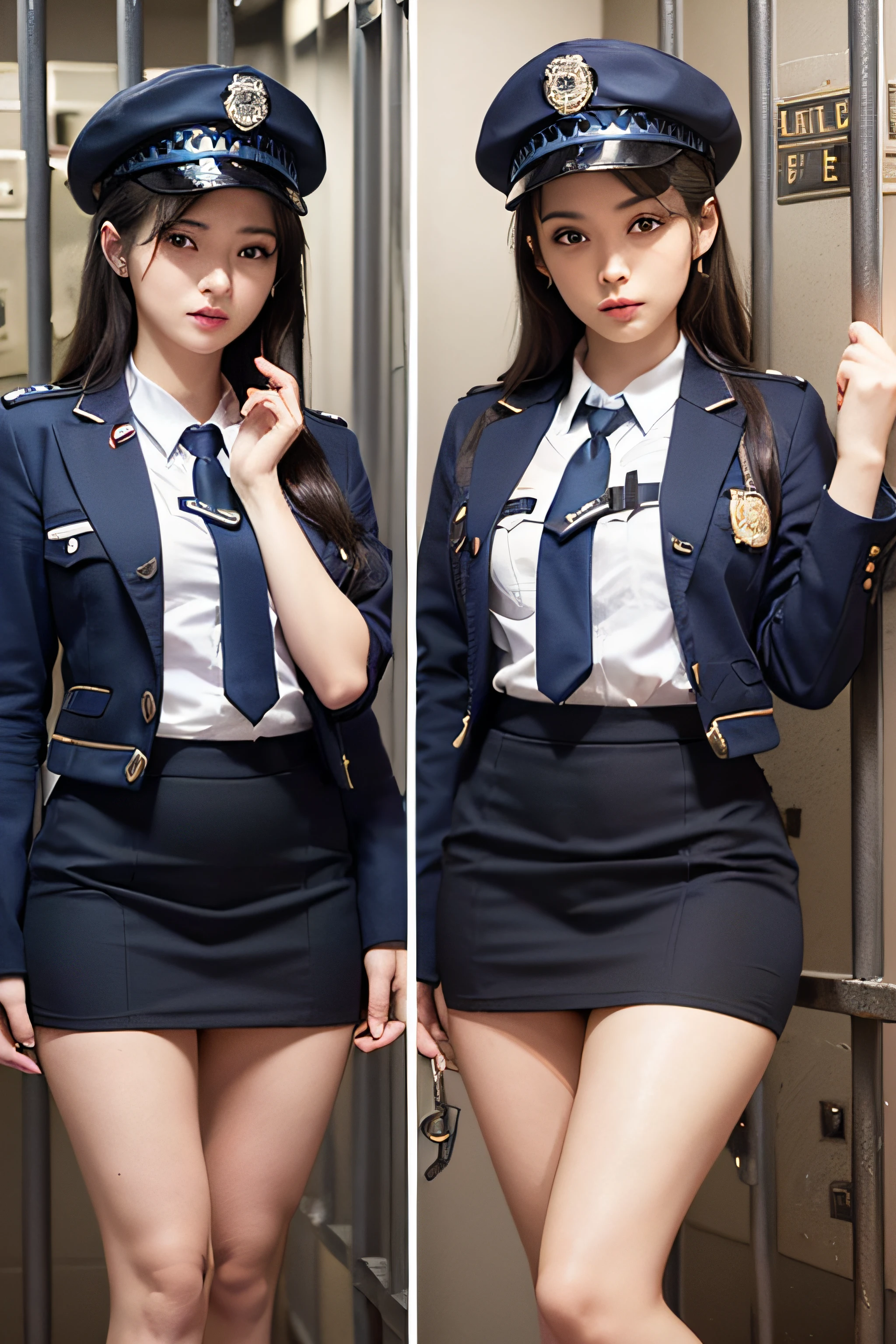 Posing in a city police car, photo，Sexy bulge, police officials, Dressed as a police officer, Bobby, official, , Full set of clothing, Female Sheriff, Korean female fashion models，Tight，Hip-covering skirt，Tight hip skirt，High heel，Pear-Shaped Body，Long legs，Wear different colored clothes，White skin，Lace-up pantyhose