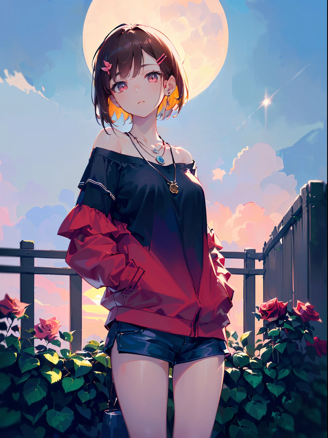 ((((Carry bass,))))((Hands in pockets,))(Masterpiece illustration,Beautiful and aesthetic:1.2,Target the audience,From below), Best quality,Top quality, Epic quality,((((Fence wall，Rose,En plein air,))))(Moonlight,Moon glare, god light,))Neat face,underage,mature,Beautiful detailed hair，Brown hair，hyper HD, retinas, Textured skin, A high resolution, 16k ，((hair pin,Steep bangs,side locks,Short hair,Large bow in hair)),Detailed face, 1JK, Lady,Solo, Perfect face, Very amazing girl,((cropped shoulders,Long sleeves,Black T-shirt,frilld,Short shorts,Ruby necklace)),rim-light