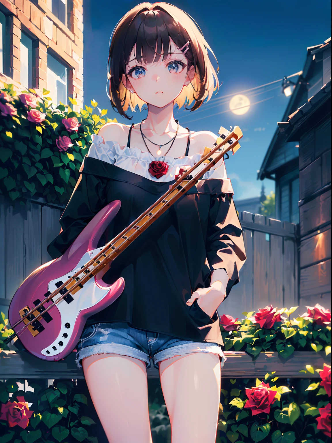 ((((Play bass,))))((Hands in pockets,))(Masterpiece illustration,Beautiful and aesthetic:1.2,Target the audience,From below), Best quality,Top quality, Epic quality,((((Fence wall，Rose,En plein air,))))(Moonlight,Moon glare, god light,))Neat face,underage,mature,Beautiful detailed hair，Brown hair，hyper HD, retinas, Textured skin, A high resolution, 16k ，((hair pin,Steep bangs,side locks,Short hair,Large bow in hair)),Detailed face, 1JK, Lady,Solo, Perfect face, Very amazing girl,((cropped shoulders,Long sleeves,Black T-shirt,frilld,Short shorts,Ruby necklace)),rim-light