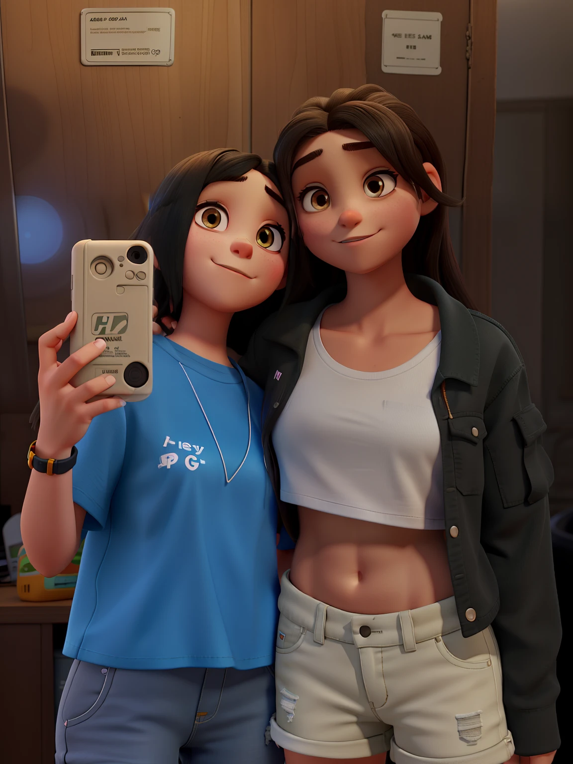A lesbian girl in black cargo pants, e uma camiseta grande, She has brown eyes and long black hair wears a five-panel backwards cap and a left eyebrow piercing with her hand on a girl's waist in a crop top and short denim shorts, olhos verdes e cabelos longos castanhos e lisos , They're girlfriends and they're in a city in Pixar 3D