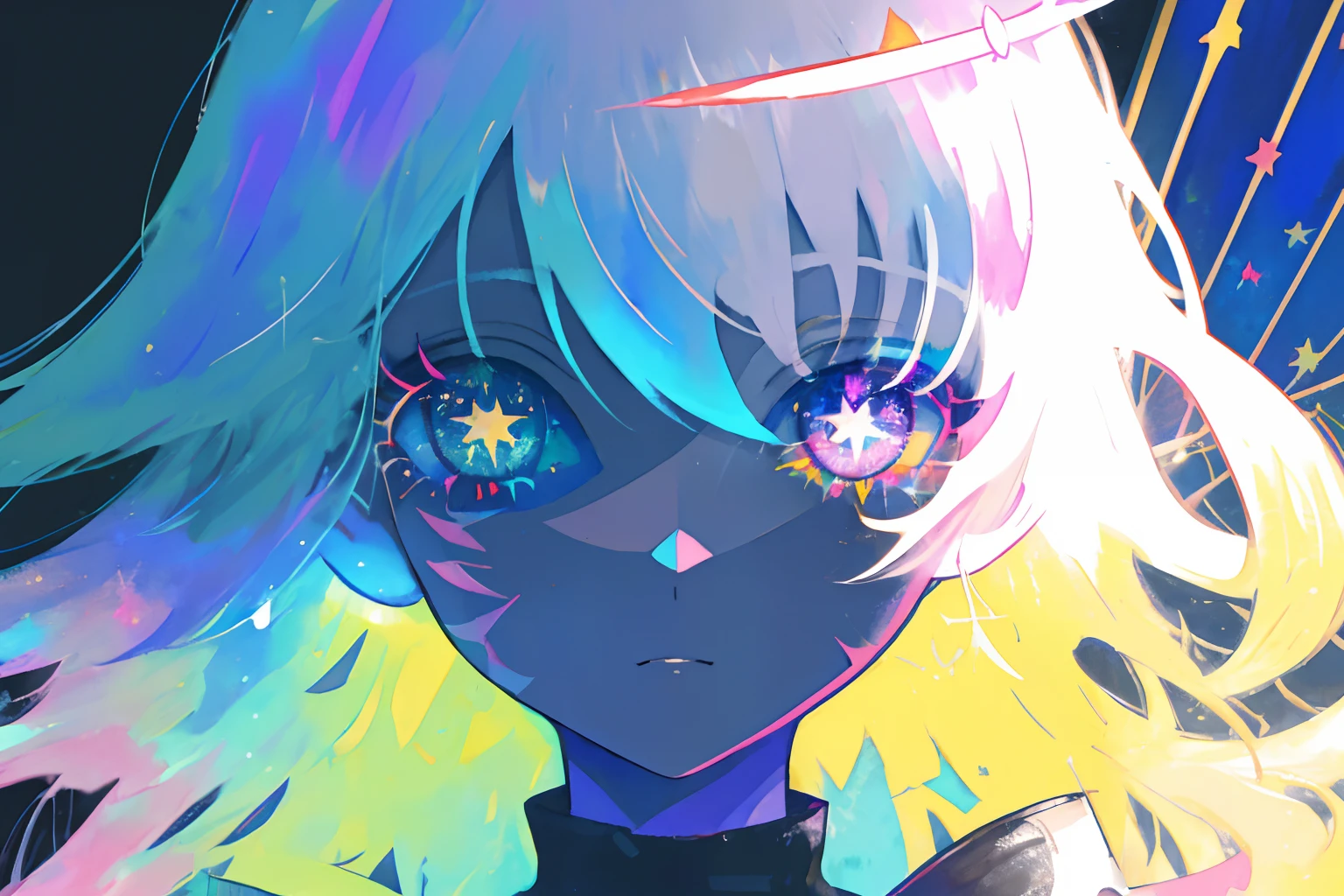 close-up, watercolor, vibrant, pastel, bright glowing pupils, big eyes, eyes, ((starry pupils)), marks on face, face tattoos, scars, contrast, high contrast, dark streaks,
