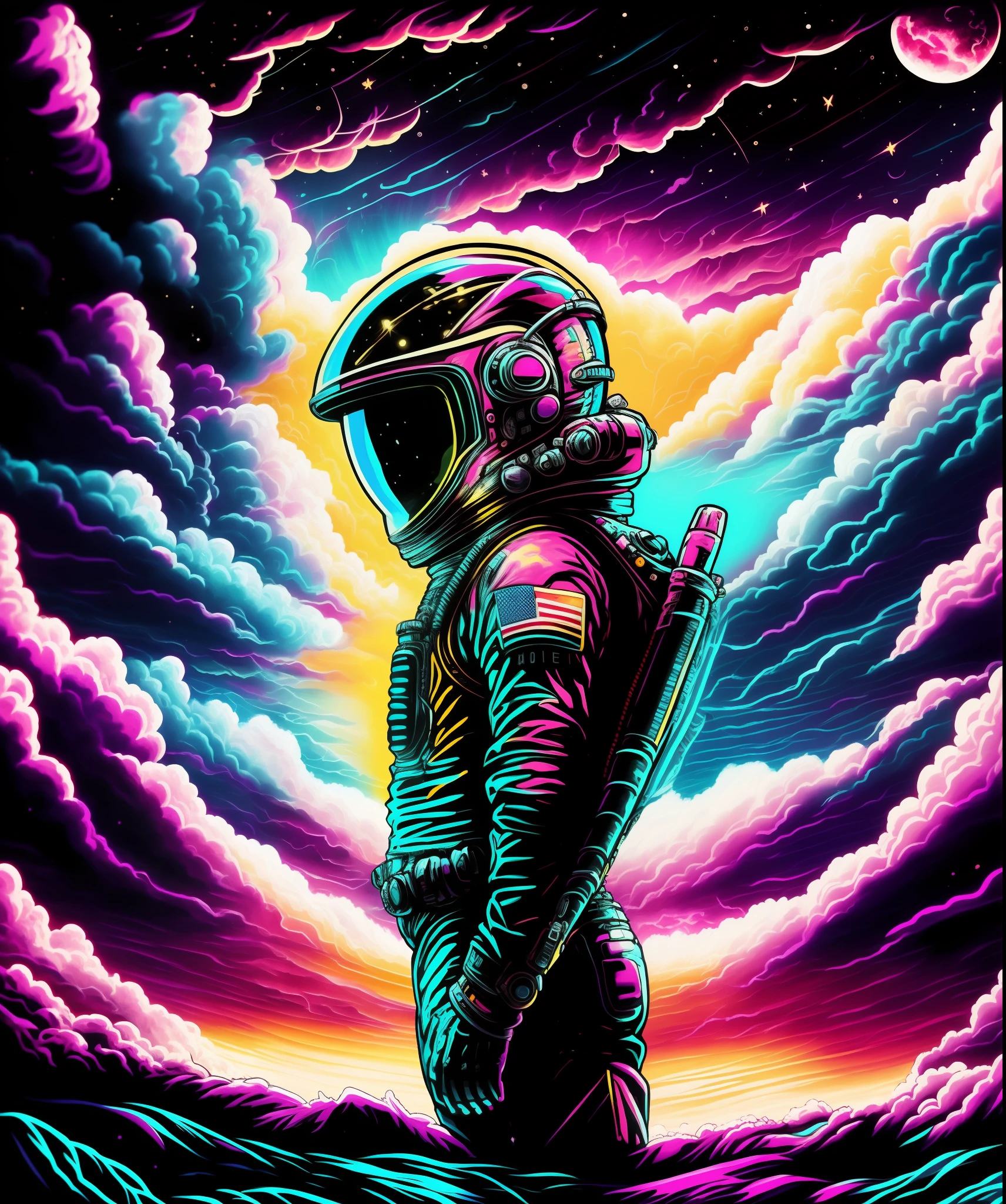 Full body astronaut looking at the sky amidst a hurricane colorful cartoon