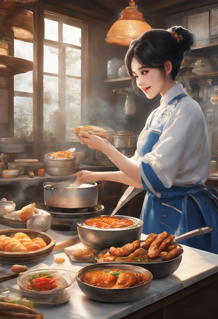 真实感, Realism, Clarity of detail, Capture a touching moment, When a giant fluffy panda in blue office apron stands behind an old stove in a restaurant., Crowded restaurant, Old Vintage BD Restaurant, People stare at him, Savoring a plate of chops, Fried Chicken, and a glass of ice-cold cute. A panda's face should glow with pure happiness and wonder, Smile, It's like trying these favorite chops for the first time, 4k, Realistic Lighting, 真实感, Smoke effect, Lots of light, lamps, Huge Oker, Kitchen with a bunch of food in the background,