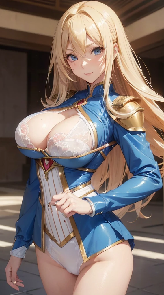 ((masutepiece)), ((High quality)), ((super detailed)), ((High resolution)) ,((8K)),  Beautuful Women, Mature Woman, ((She is one of the most famous actresses in Japan.)), Beauty, ((hyperdetailed face)), ((Huge breasts)), ((Huge ass)), Deep cleavage, Slim waist, Chest out, hyperdetailed face, Perfect Skin, Shiny skin, (((waist-length hair, long straight golden hair, crossed bangs))), Blue eyes, Whole body image, An inviting smile, (((Anime))), ((Glamorous)), Sensual milf,((25 years old,stature: 170cm)), ((((No head accessories)))), ((Incredibly beautiful woman)), (((H Cup Bust:1.5)), ((Neat and clean.)) , (Camel toe), (Nipple), (((power ranger))), heroine,  (((Highleg Written Power Suit, Blue power suit with white lines))), Beautiful legs, 8 life-size, Anime:1.4, Wet, Functional