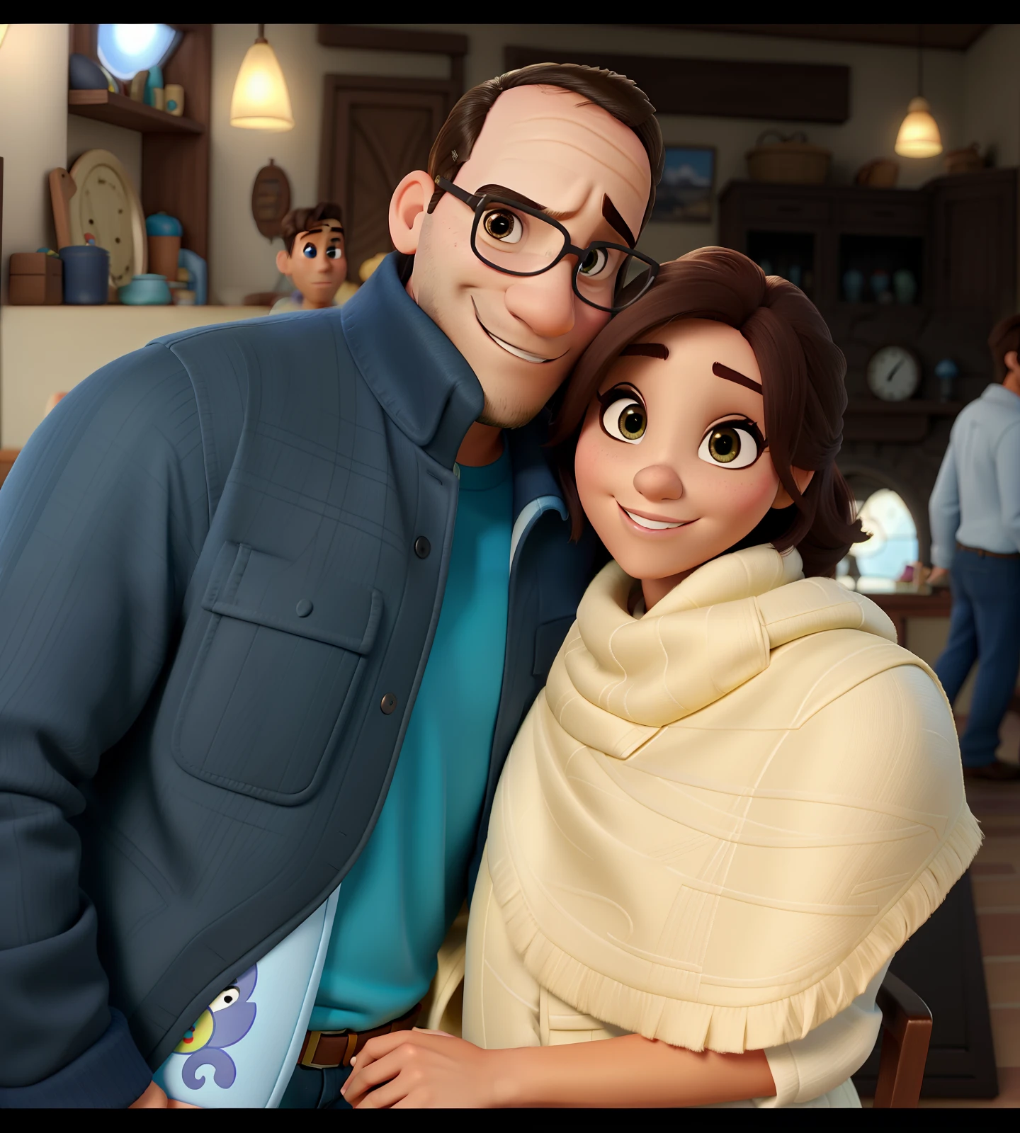 Casal estilo disney pixar melhor qualidade alta qualidade. Homem moreno cabelo comprido crespo barba e mulher loira olhos azuis cabelos longos lisos