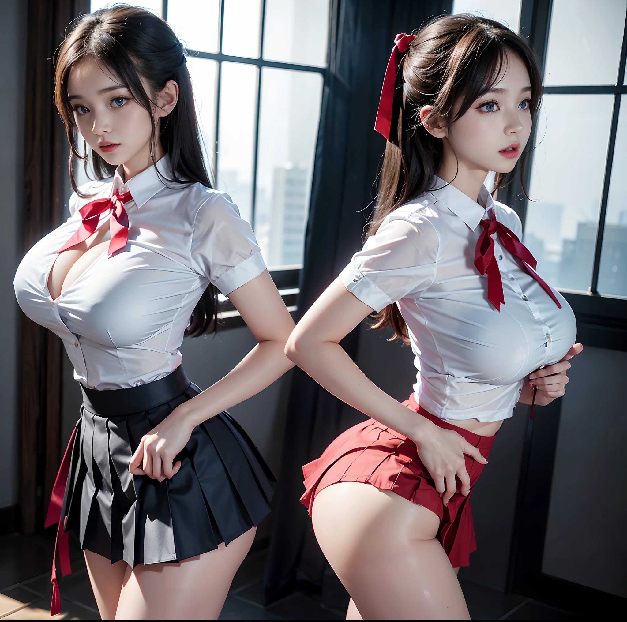 (top-quality, 4K picture quality, masterpiece, Professional lighting without shadows, A hyper-realistic), perfect anatomia, Two girls, ( with perfect body、Colossal breasts with tension:1.2), Bright and even whitening skin without wrinkles and steps, (Reflecting a lot of light with bright and beautiful blue eyes with plump red tear bags:1.2)、 Cute hairstyles, (girl uniform with crimson ribbon tie gets wet and sticks to the skin, A tight-fitting blouse made of white ultra-thin fabric covers the upper body、Dress up with a super short super mini pleated skirt), (The skirt is too short and the panties or buttocks are exposed..:1.3), (Proudly showing off her taut huge breasts from the front through her blouse:1.2), Another girl on the other side is showing off her big ass from directly behind,