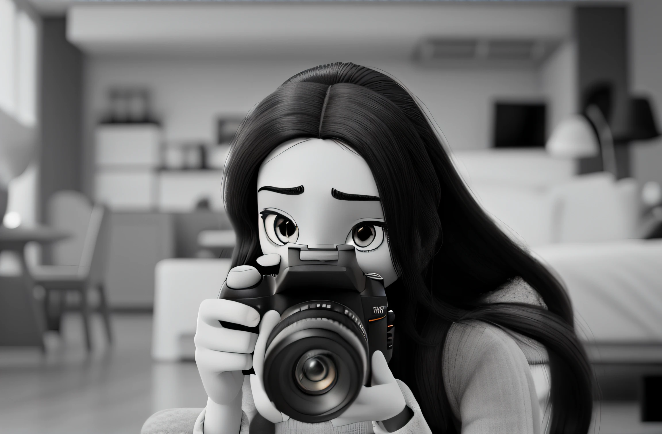 black and white photo, a disney pixar style woman, straight hair, brown eyes, thin woman, with a Canon camera in her hand, blurred background