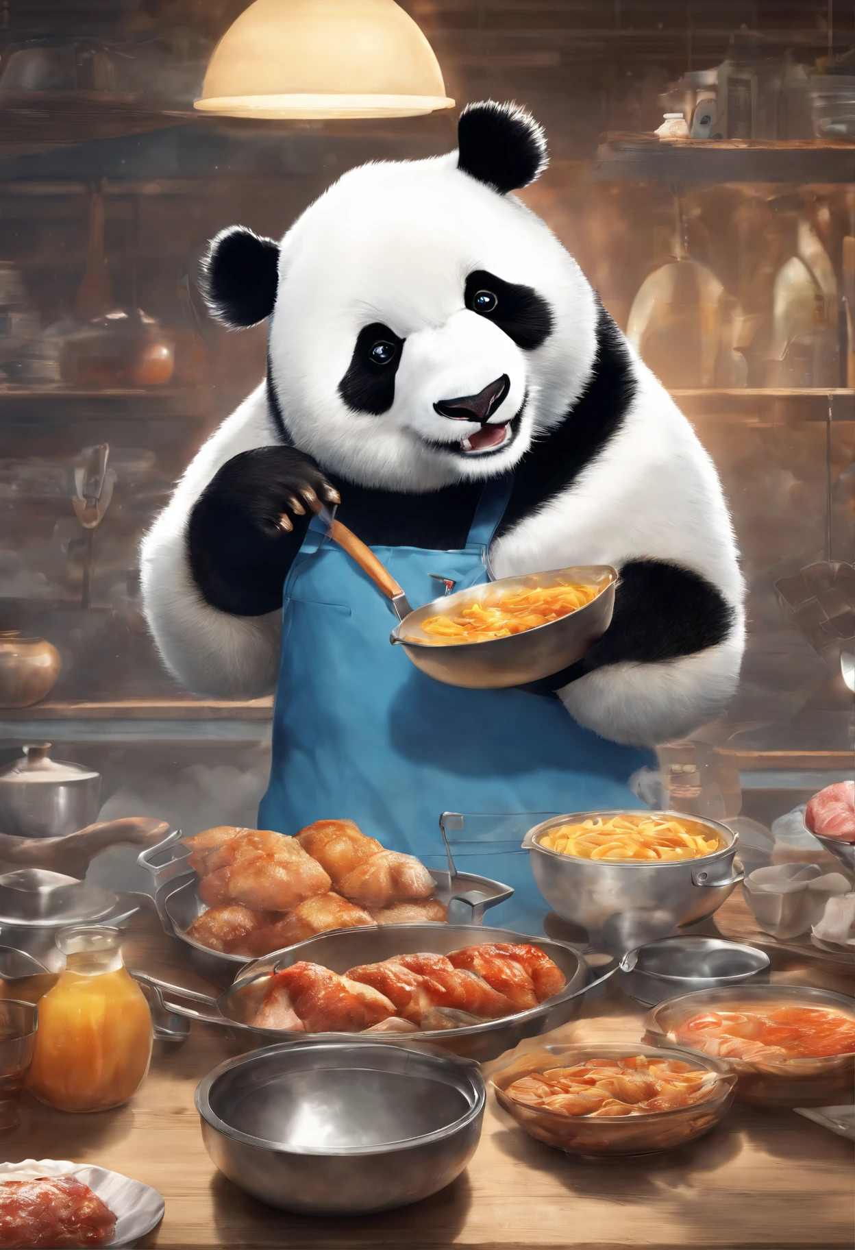 真实感, Realism, Clarity of detail, Capture a touching moment, When a giant fluffy panda in blue office apron stands behind an old stove in a restaurant., Crowded restaurant, Old Vintage BD Restaurant, People stare at him, Savoring a plate of chops, Fried Chicken, and a glass of ice-cold cute. A panda's face should glow with pure happiness and wonder, Smile, It's like trying these favorite chops for the first time, 4k, Realistic Lighting, 真实感, Smoke effect, Lots of light, lamps, Huge Oker, Kitchen with a bunch of food in the background,