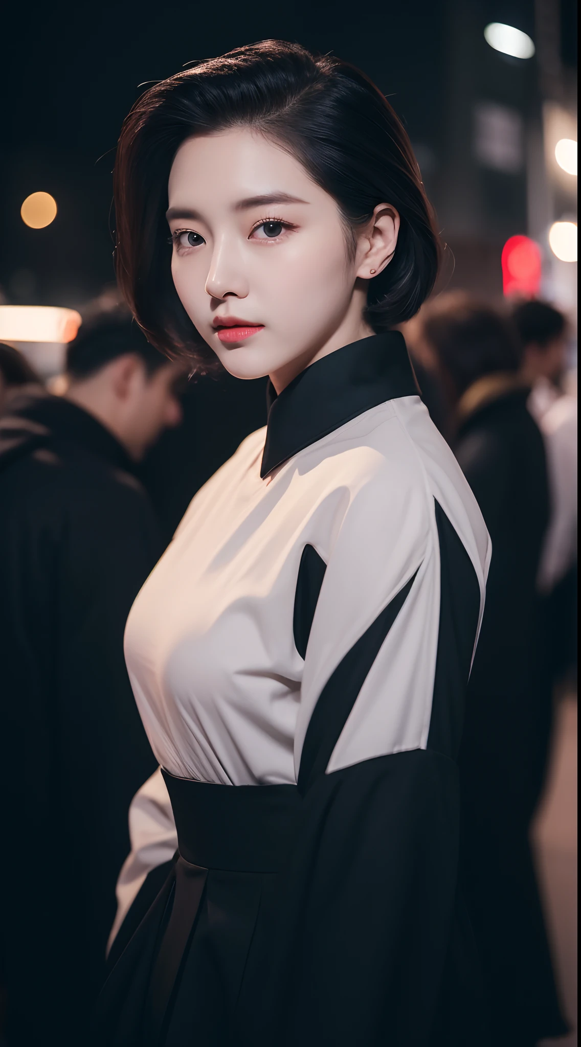 realistic photos of (1 cute Korean star) slicked hair back, breasts size 32 inches, wearing long sleeve shirt, wearing black pants, on the street, night, close-up portrait, UHD