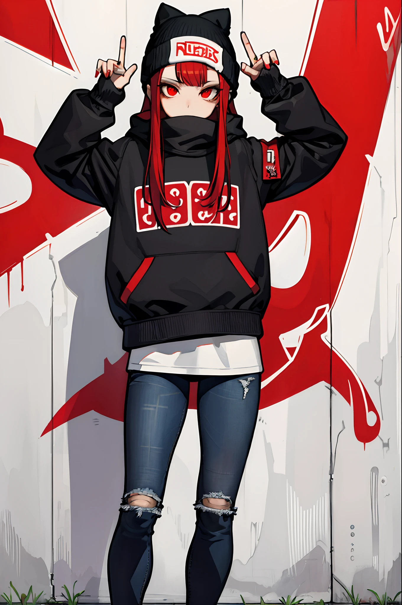 (masterpiece:1.2、top-quality)、(graffiti wall:1.15)、1lady、Beanie、jaket、jeans pants、red eyes、full bodyesbian、