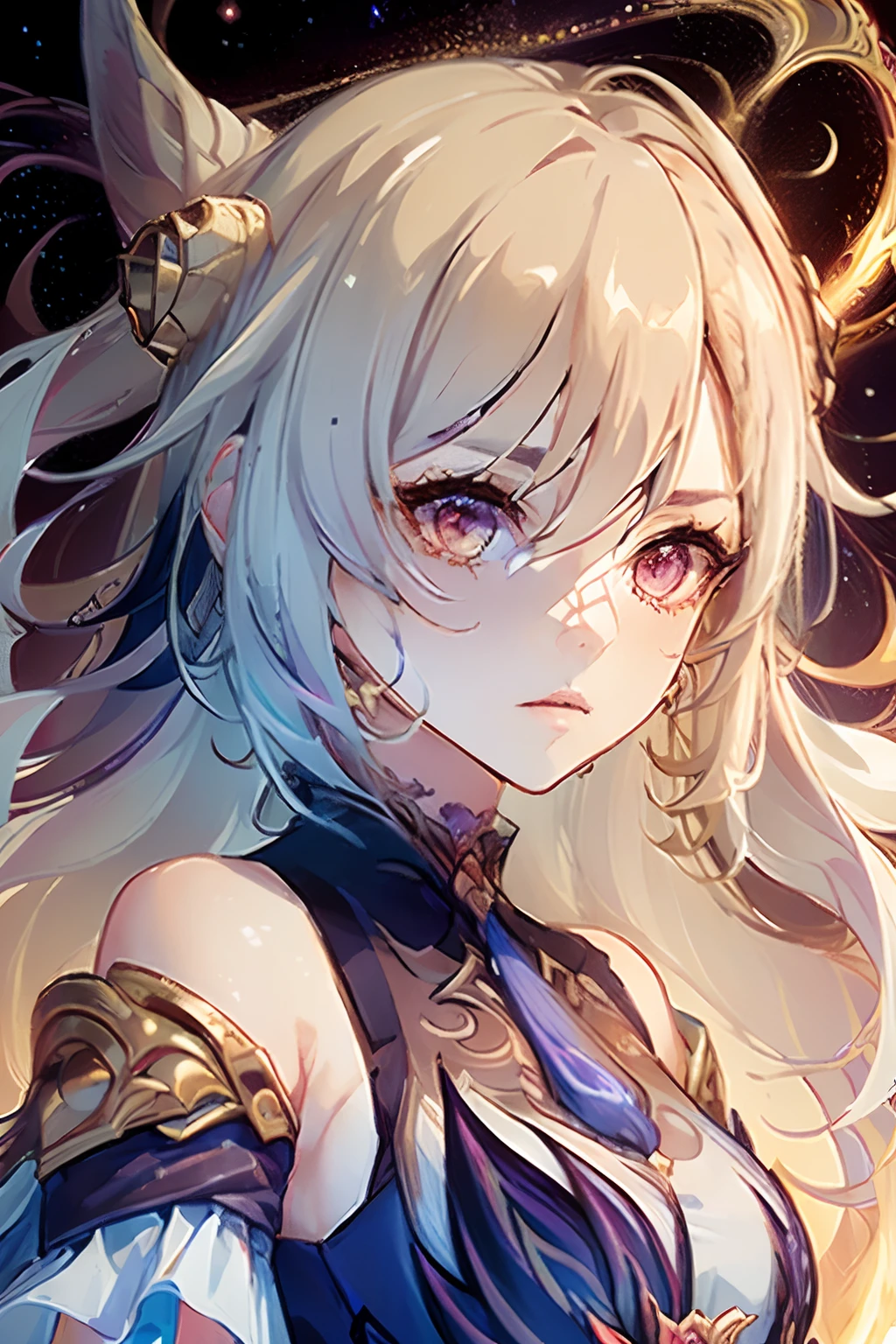 (masterpiece, top quality, best quality, official art, beautiful and aesthetic:1.2), (1girl), extreme detailed eyes, (fractal art:1.3), colorful, highest detailed, (perfect face), shiny skin, HDR, (white cloak golden lines:1.2), galaxy, (light streaks), striking visuals, (dynamic streaks, luminous trails:1.2), vibrant colors, (phoenix), (dragon), close up