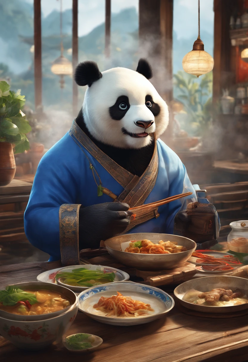 真实感, Realism, Capture a touching moment, When a giant fluffy panda in blue office suits sits at an old bad table in a restaurant., Crowded restaurant, Old Vintage BD Restaurant, People stare at him, Savoring a plate of nasi lemaka, Fried Chicken, and a glass of ice-cold cute. A panda's face should glow with pure happiness and wonder, With a mouthful of Naxi Lemak, It's like trying this favorite Malaysian dish for the first time, 4k, dramatic lighting, tension, Smoke effect, A lot of smoke, The kitchen is lit in the background,
