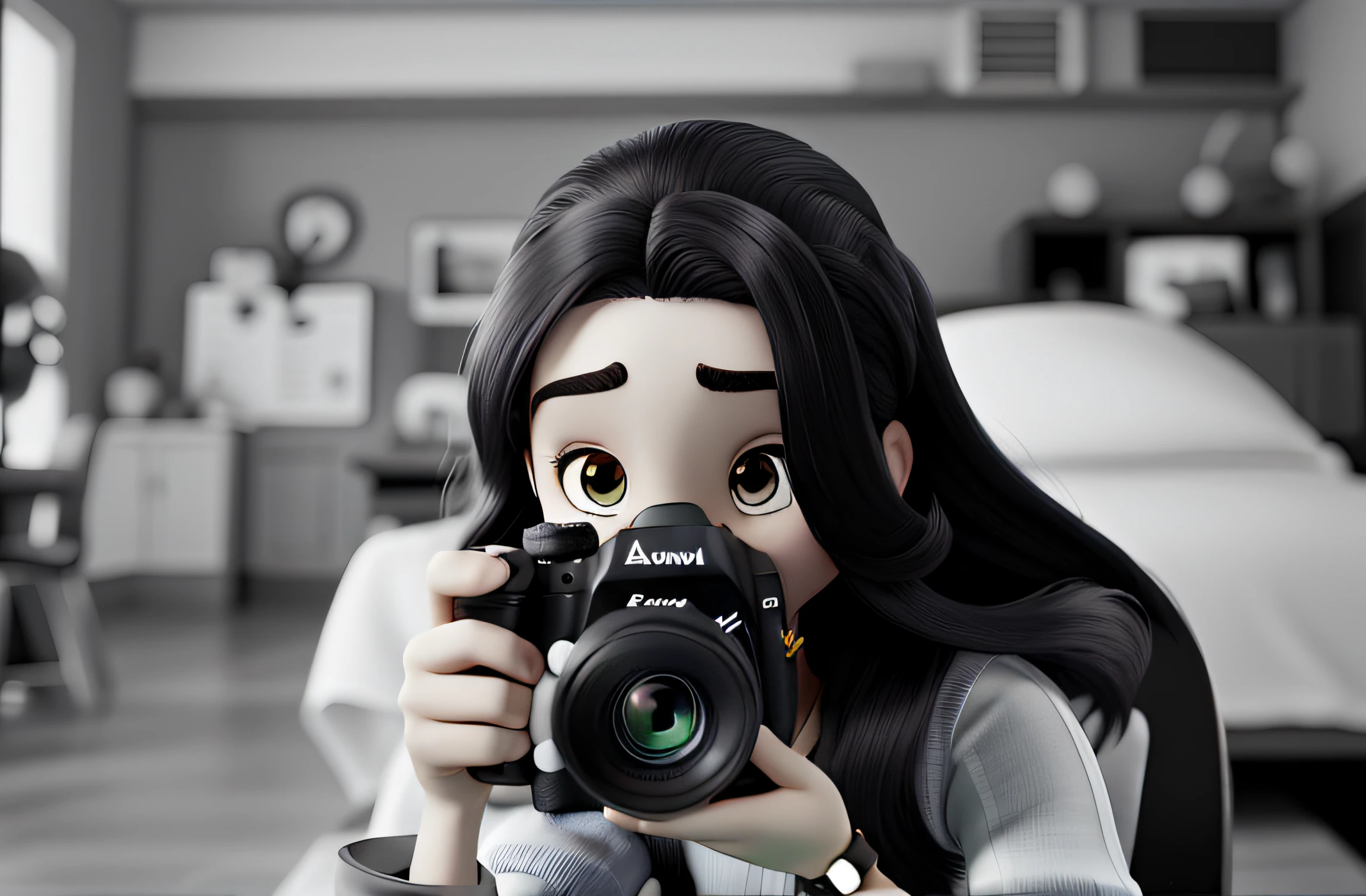 uma mulher estilo disney pixar, cabelo liso, with a Canon camera in his hand, alta qualidade, melhor qualidade, tennis court background