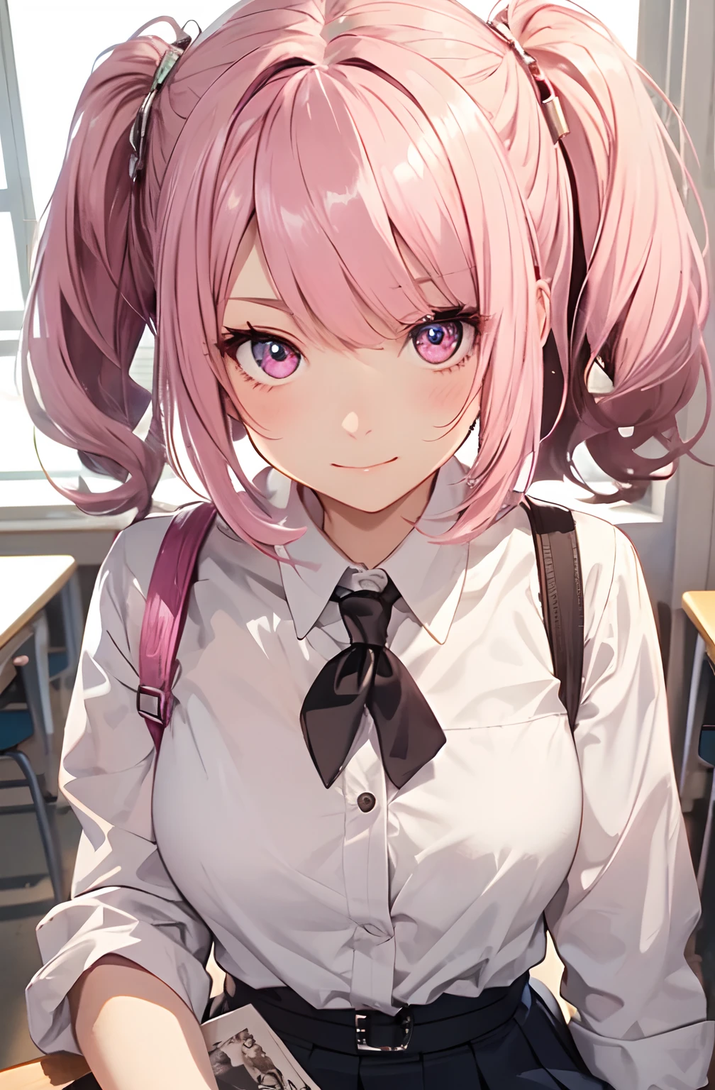 a smile、frontage、only face、Big eyes、Pink eyes, Pink hair, Twin-tailed、, Face profile, , Wallpaper,top-quality, Photorealistic, An ultra-fine illustrations, beautiful attractive anime girl, A dark-haired、Blunt bangs、Slender body, one girls, a photo of girl, Full body shot, Beautiful pink eyes, in a school、Sitting at your desk、Sarah Clothes、a black pleated skirt